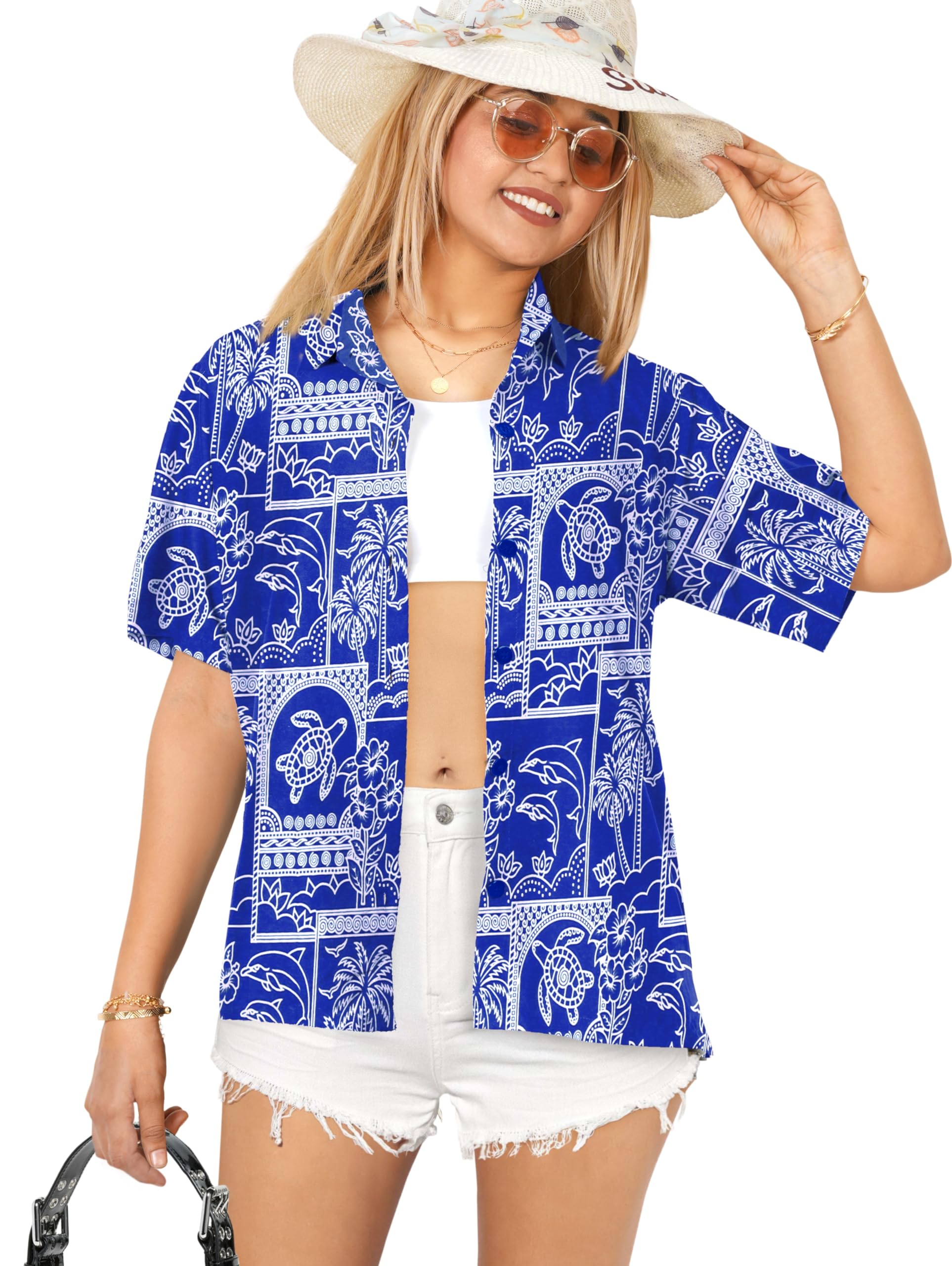 LA LEELA Women's Hawaiian Shirt - Short Sleeve Beach Blouse for Summer Vacation, Pool Party & Tropical Getaway