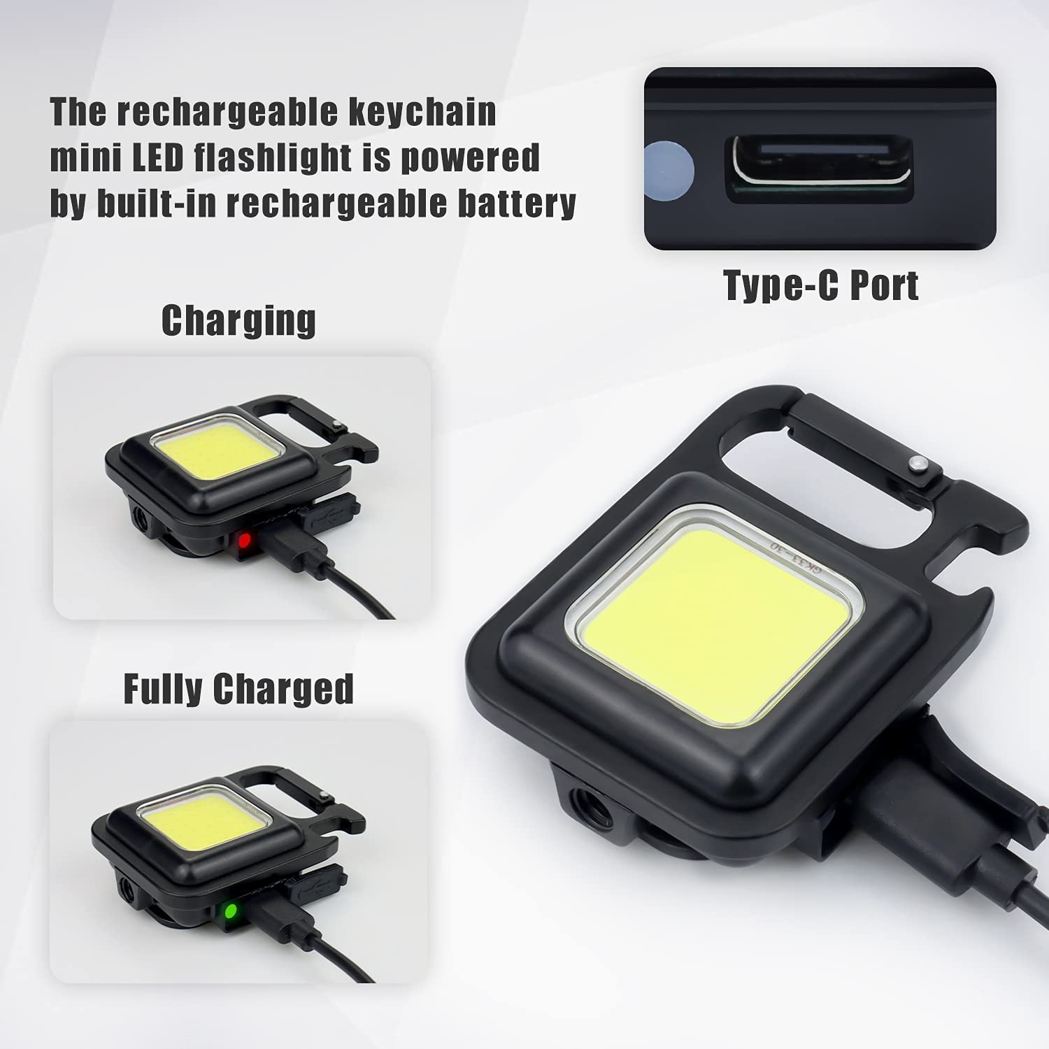 PRT COB Rechargeable Keychain Flashlight - 6W Bright LED, 500mAh USB-C Battery, Built-in Bottle Opener & Magnetic Stand | Perfect for Camping, Hiking, Emergency Kits & Everyday Carry (EDC) Gadget