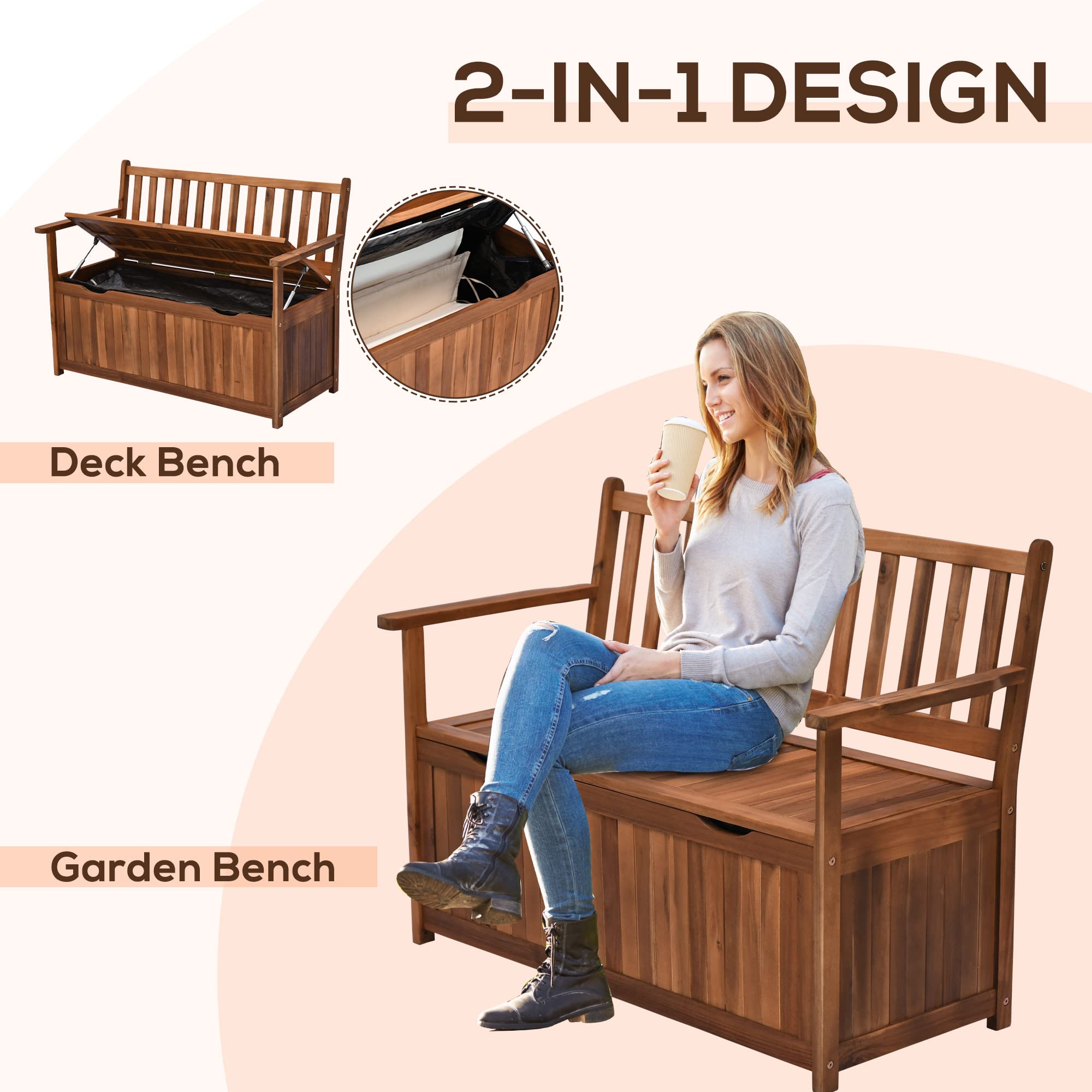 Outsunny 41 Gallon Outdoor Storage Bench with Waterproof PE Lining - Teak Wooden Deck Box for Patio, Garden, Balcony & Yard - Perfect for Storing Garden Tools, Cushions & Outdoor Accessories (2-Seat Design)