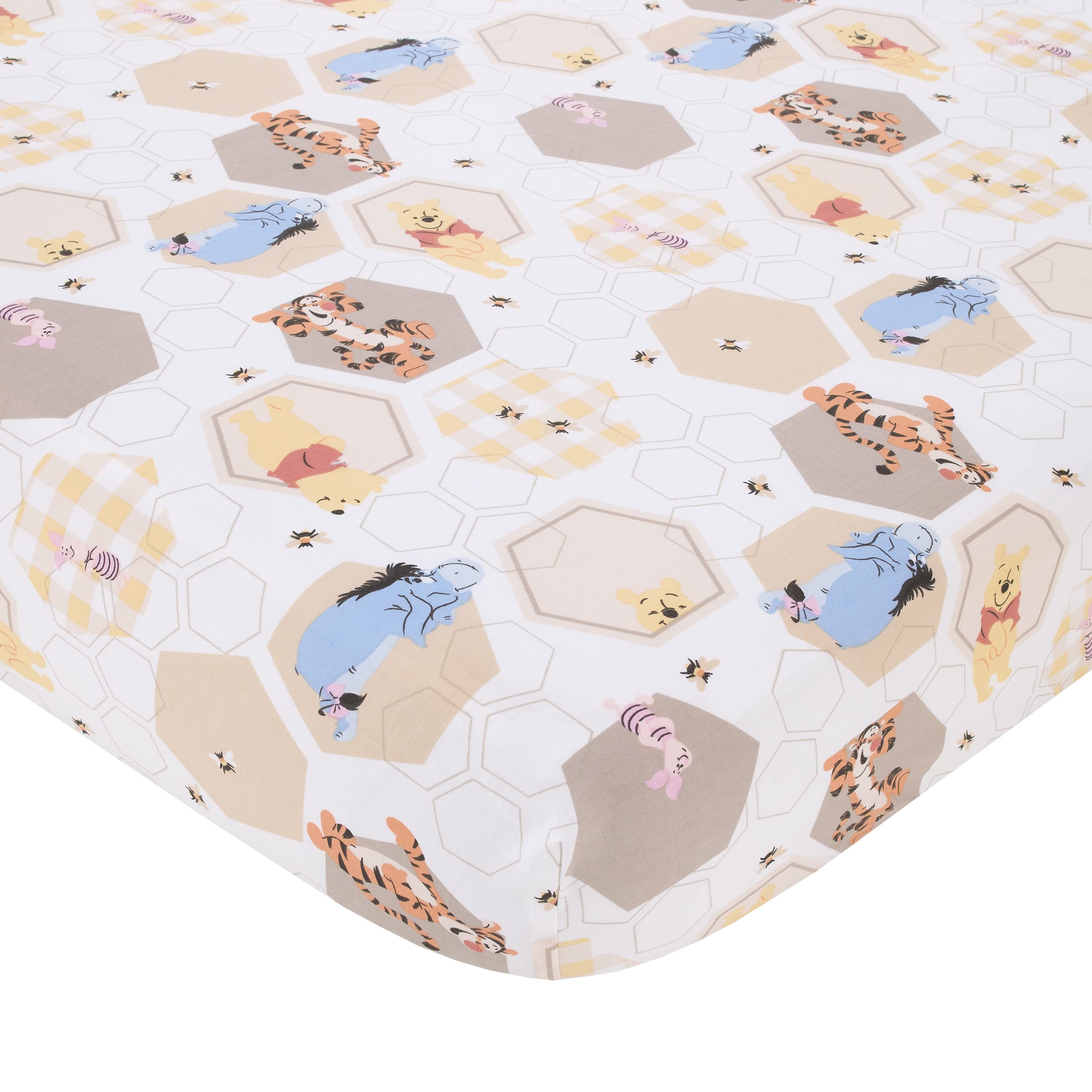 Disney Winnie The Pooh 3-Piece Crib Bedding Set - 100% Cotton Comforter, Fitted Sheet & Skirt with Piglet, Tigger & Eeyore | Grey White Tan Patchwork Nursery Decor | Perfect for Baby Shower Gifts & Cozy Nursery Themes