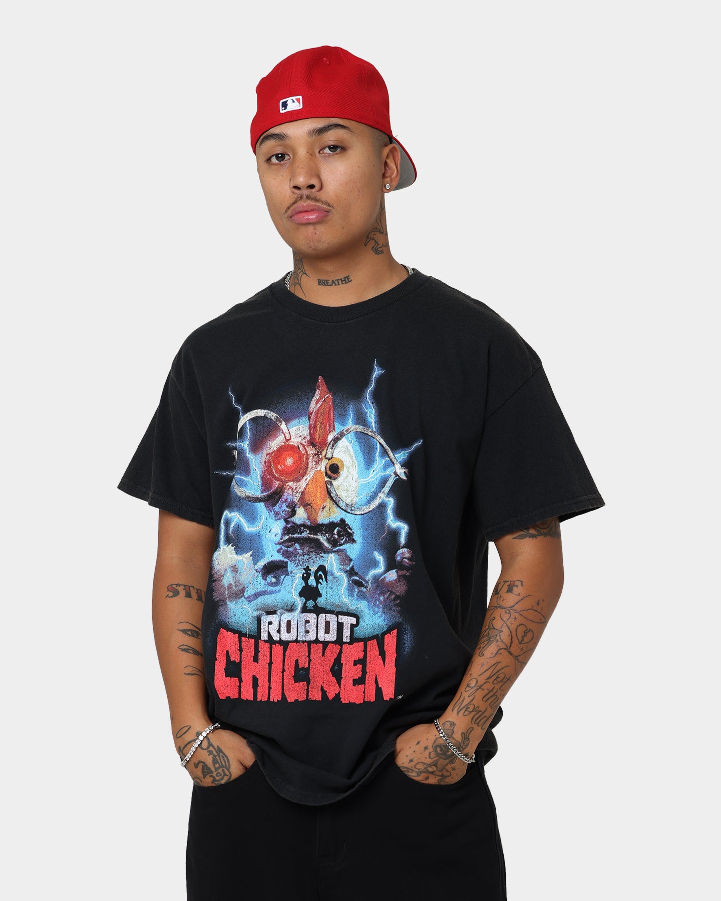 Vintage Robot Chicken Graphic T-Shirt - Black Wash - Retro American Thrift Style - Perfect for Casual Wear, Costume Parties & Pop Culture Fans
