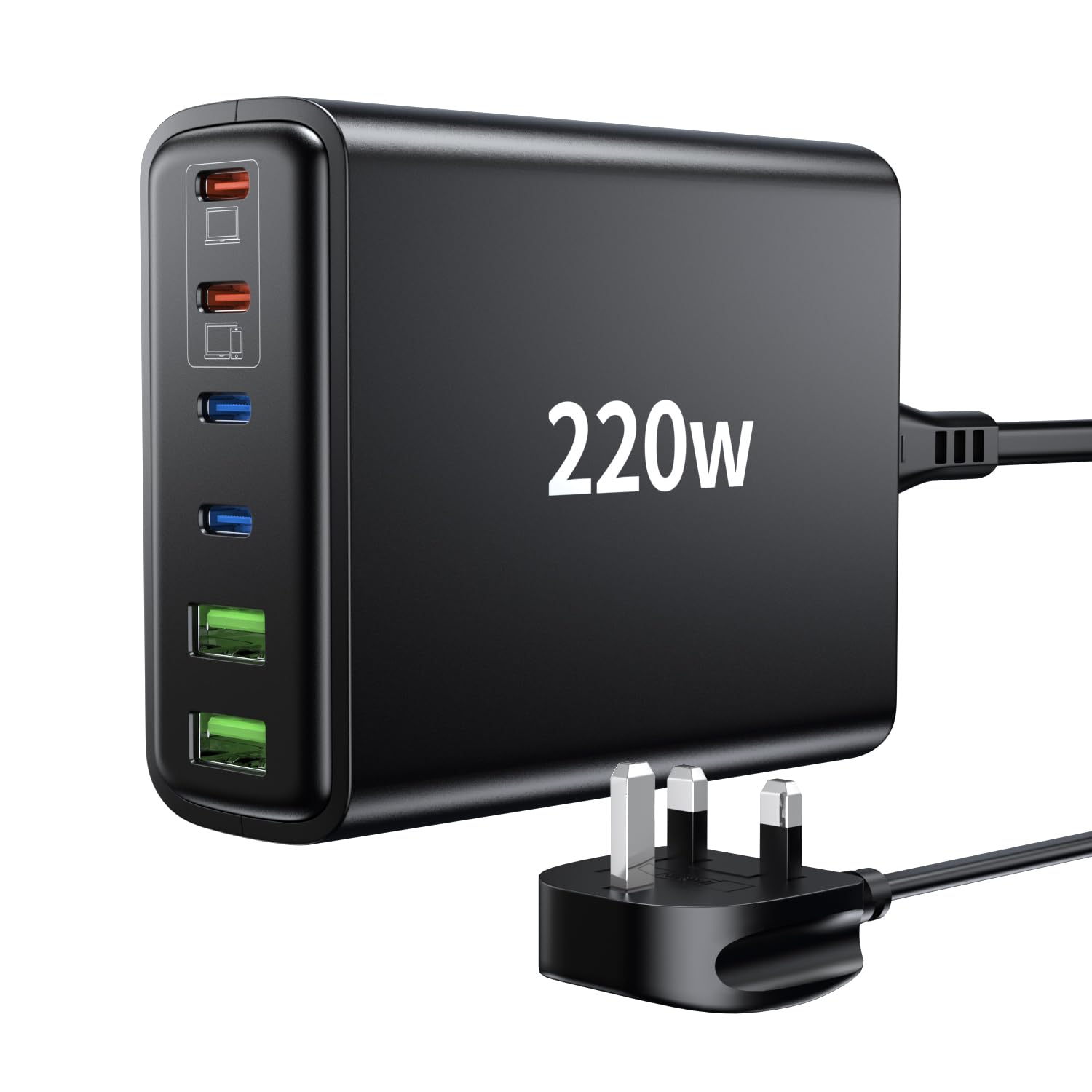 FINIBO 220W 6-Port USB C Fast Charger with PD & QC 3.0 - 4 USB-C & 2 USB-A Ports Multi Charging Station for iPhone 15, Samsung Galaxy, iPad Pro, MacBook, Laptop - Perfect for Home, Office & Travel Charging Needs