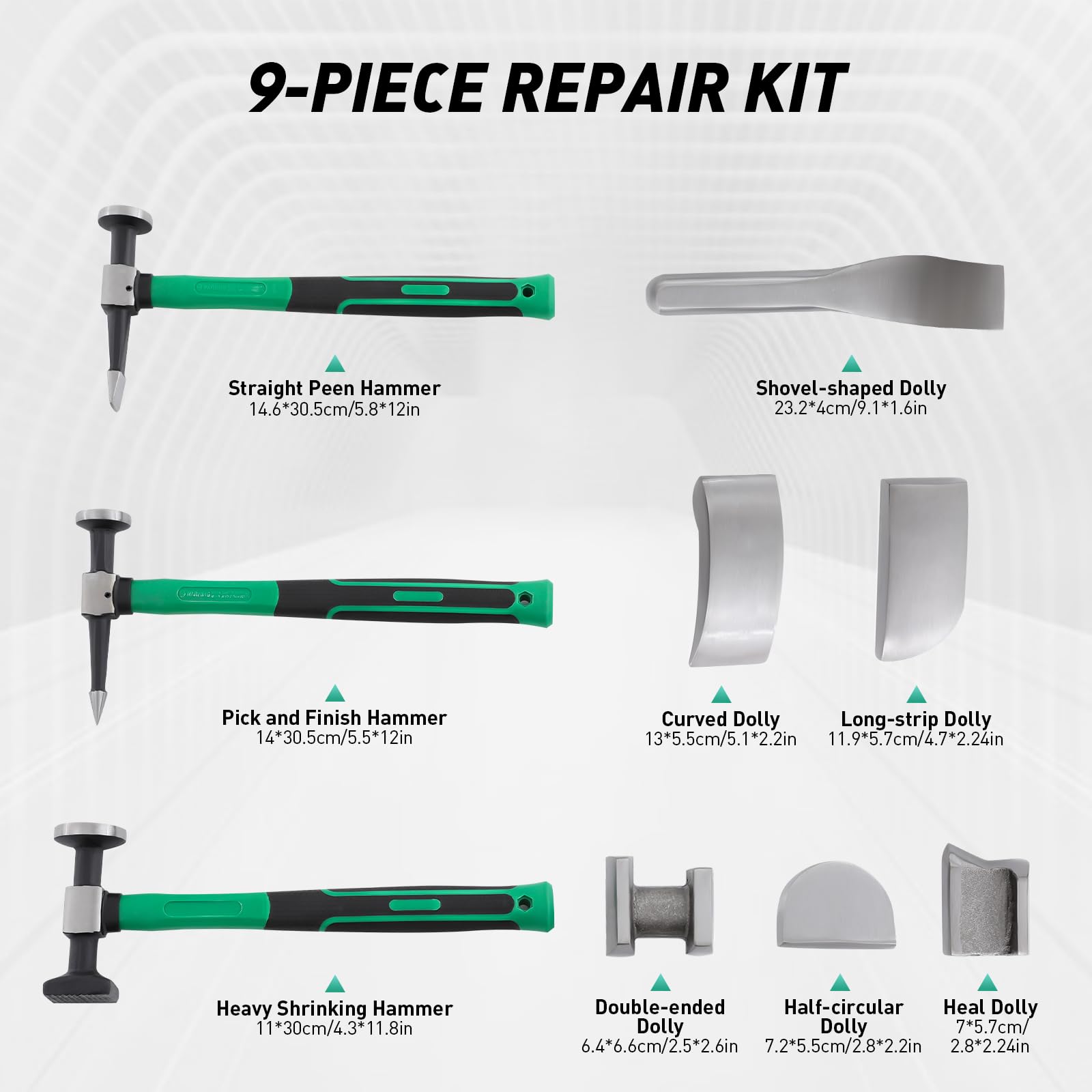 CNCEST 9-Piece Auto Body Hammer and Dolly Kit - Professional Fender Repair Tool for Dent Removal, Car Sheet Metal Shaping & Movable Auto Body Repair - Perfect for DIY Auto Body Work, Collision Repair, and Professional Automotive Restoration
