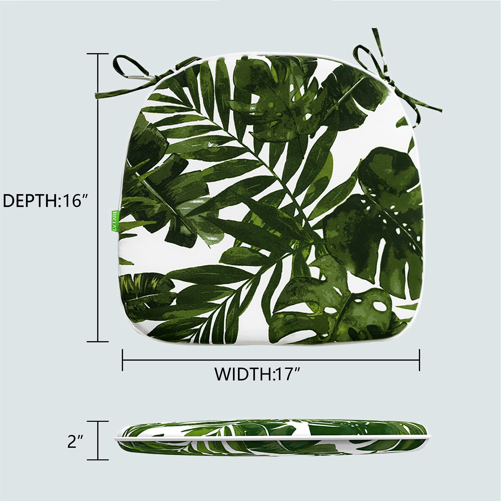 LVTXIII 2-Pack Indoor/Outdoor Chair Cushions with Ties - 16x17 Inch Patio Seat Pads for Garden, Home & Office Furniture - Durable Palm Green Cushions for Dining Chairs, Lounge Chairs & Deck Furniture