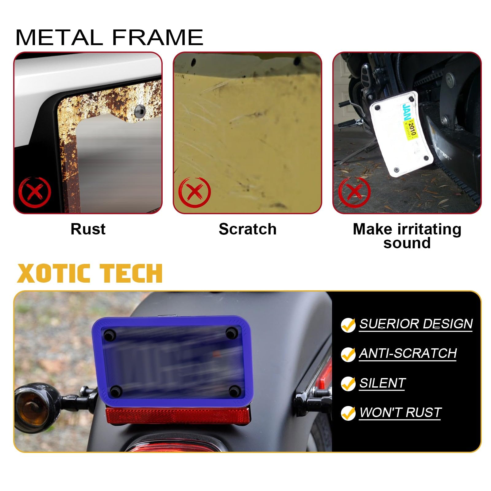 Xotic Tech Motorcycle Silicone License Plate Frame - Durable Motorbike License Plate Holder - Rust Proof, Rattle Proof, Weather Resistant (Blue, 7.56