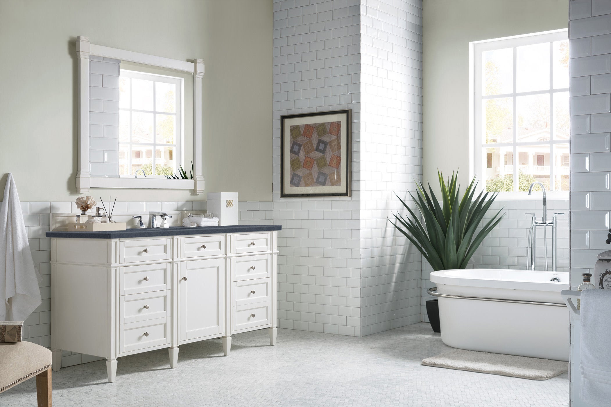 Brittany 60-Inch Bright White Bathroom Vanity with 3CM Charcoal Soapstone Quartz Countertop - Modern Single Sink Vanity for Master Bathroom or Powder Room Renovation