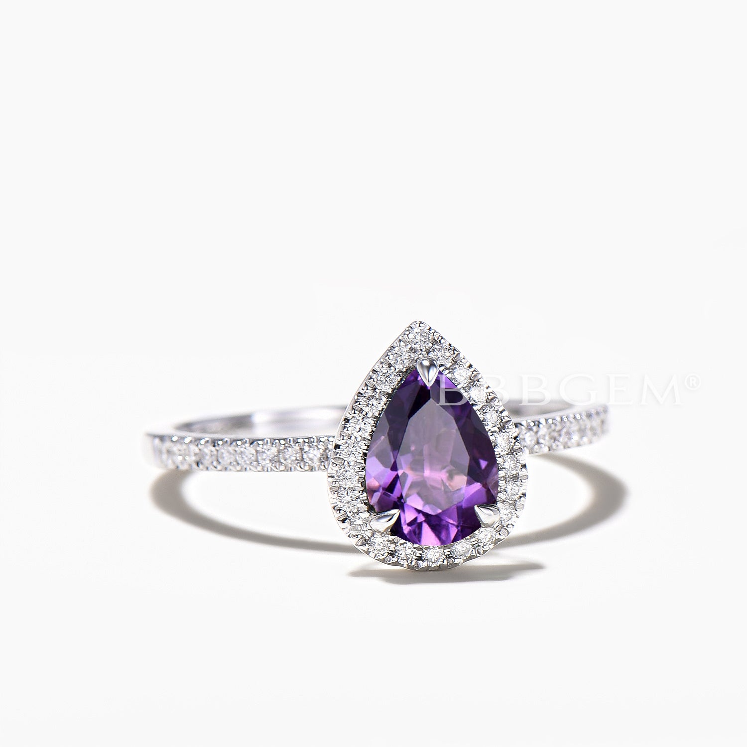 Natural Amethyst Teardrop Cut Engagement Ring - Half Eternity Diamond Halo Wedding Band for Women | Perfect for Proposals, Anniversaries & Special Occasions
