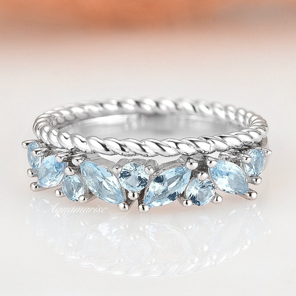 Willow Aquamarine Ring Set - Sterling Silver Jewelry for Women, Elegant Birthstone Gift for March, Perfect for Weddings, Anniversaries & Everyday Wear