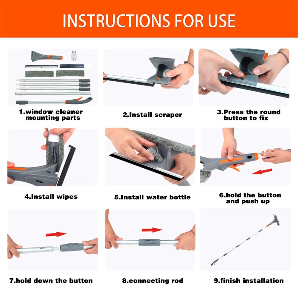 2022 Upgraded 3-in-1 Extendable Window Squeegee with Spray - 76'' Adjustable Window Cleaner Kit for Indoor & Outdoor High Windows (Includes 2 Pads) - Perfect for Hard-to-Reach Windows, Balcony Glass & Skylight Cleaning