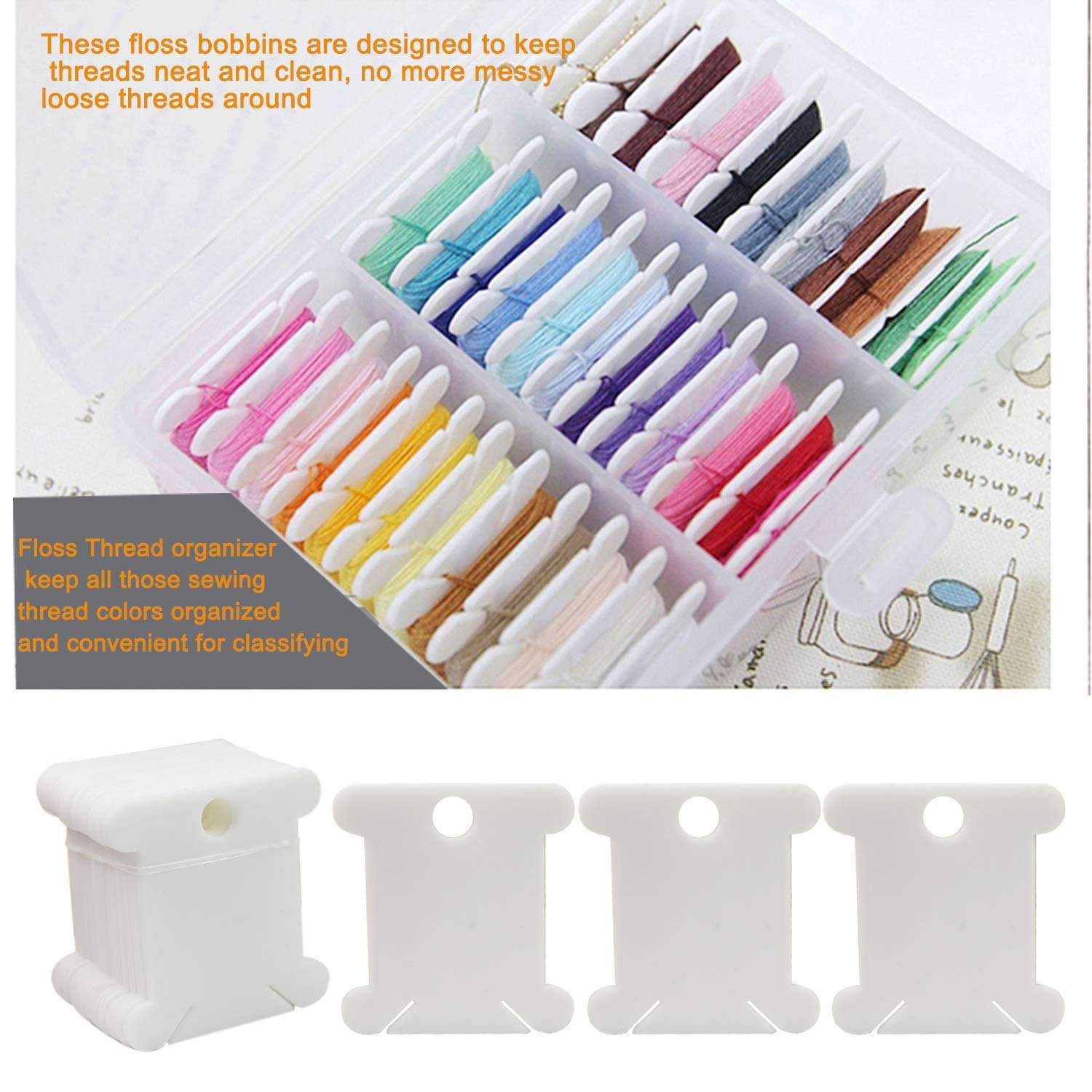 Luckkyme 230-Piece Plastic Floss Bobbins with Floss Winder - DIY Embroidery Floss Organizer & Cross-Stitch Thread Holder for Craft Projects - Perfect for Sewing, Knitting, and Needlework - White
