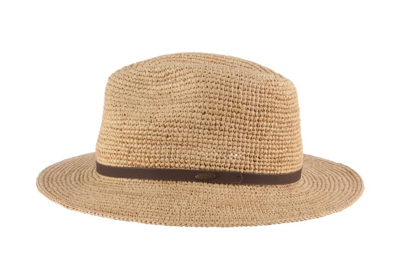Scala Men's Fine Crochet Raffia Safari Hat with Genuine Leather Trim - Perfect for Beach, Travel & Outdoor Adventures