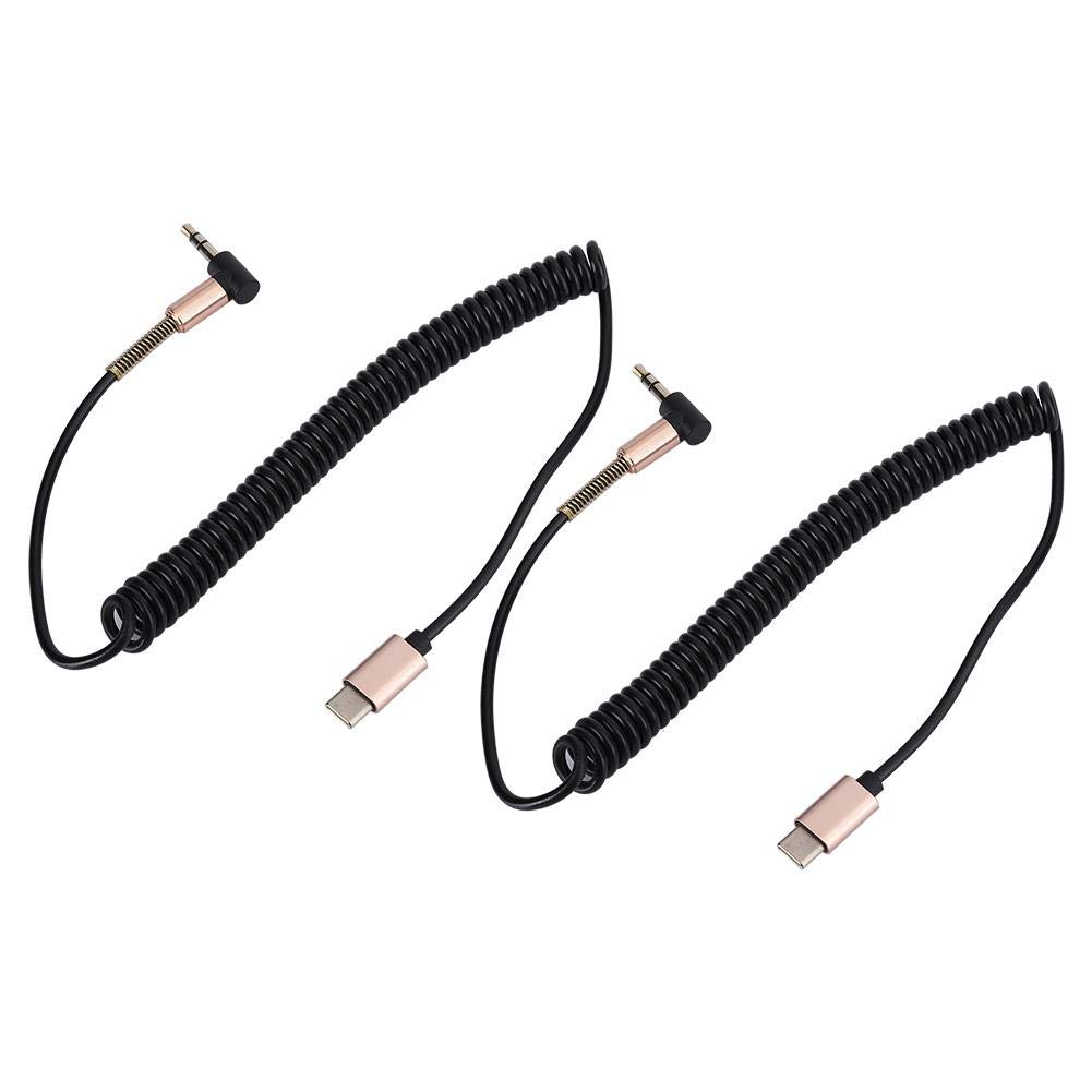 Premium 2-Pack Black Type-C to 3.5mm Audio Cable with Elastic Spring Design - Stable Signal Transmission for Car, Phone & Tablet - Perfect for Commuting, Gaming & Music Listening