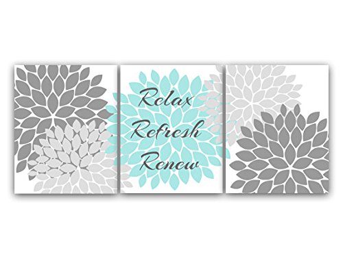 Gray and Aqua Bathroom Decor Art Prints - Relax Refresh Renew - Perfect for Spa, Home, and Office Decor - BATH23