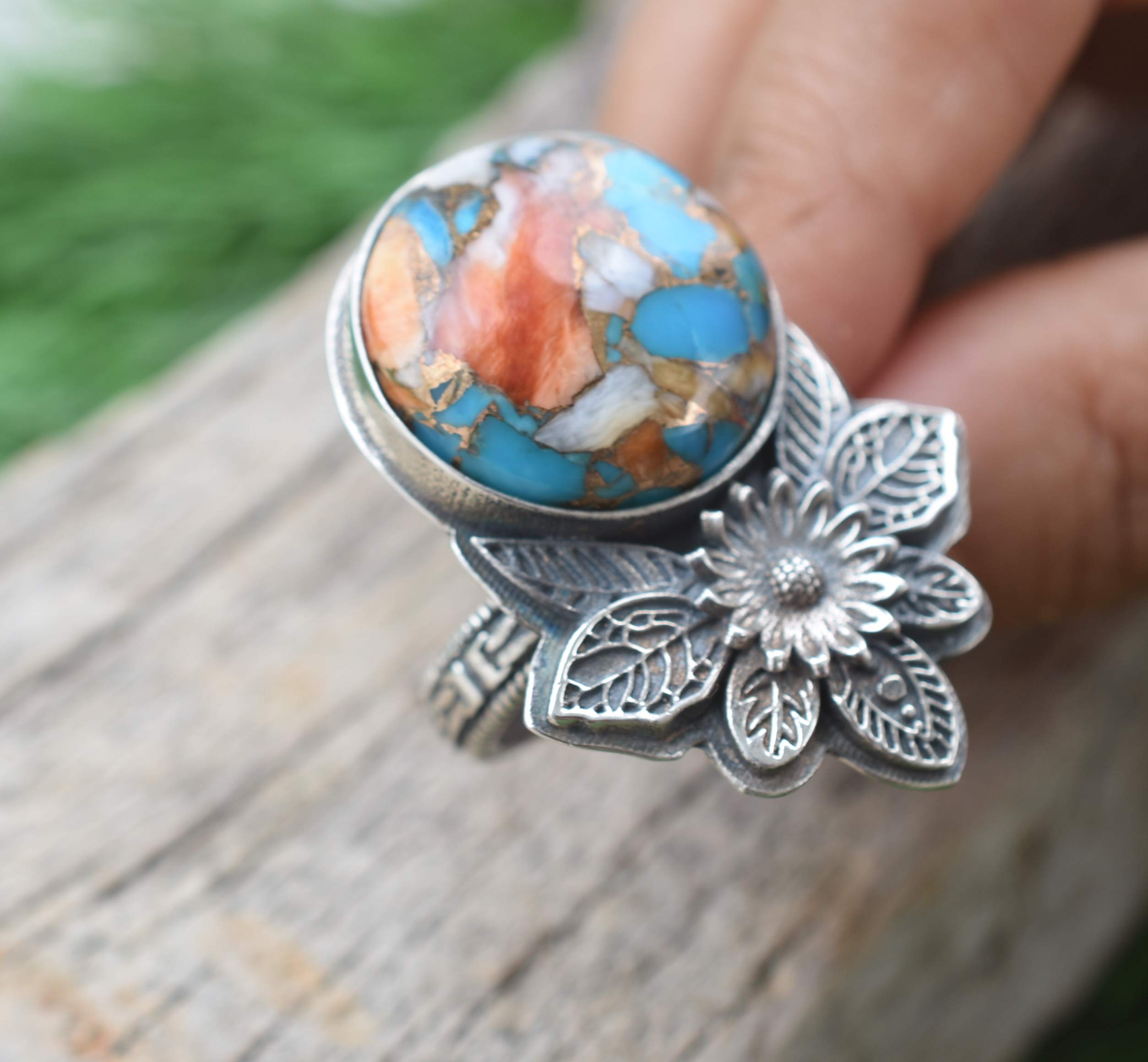 Vintage Oyster Copper Turquoise 925 Sterling Silver Ring - Handmade Boho Jewelry - Unique Hippie & Birthstone Ring - Perfect Birthday Gift for Women - TQ-07 | Ideal for Casual Wear, Festivals & Special Occasions