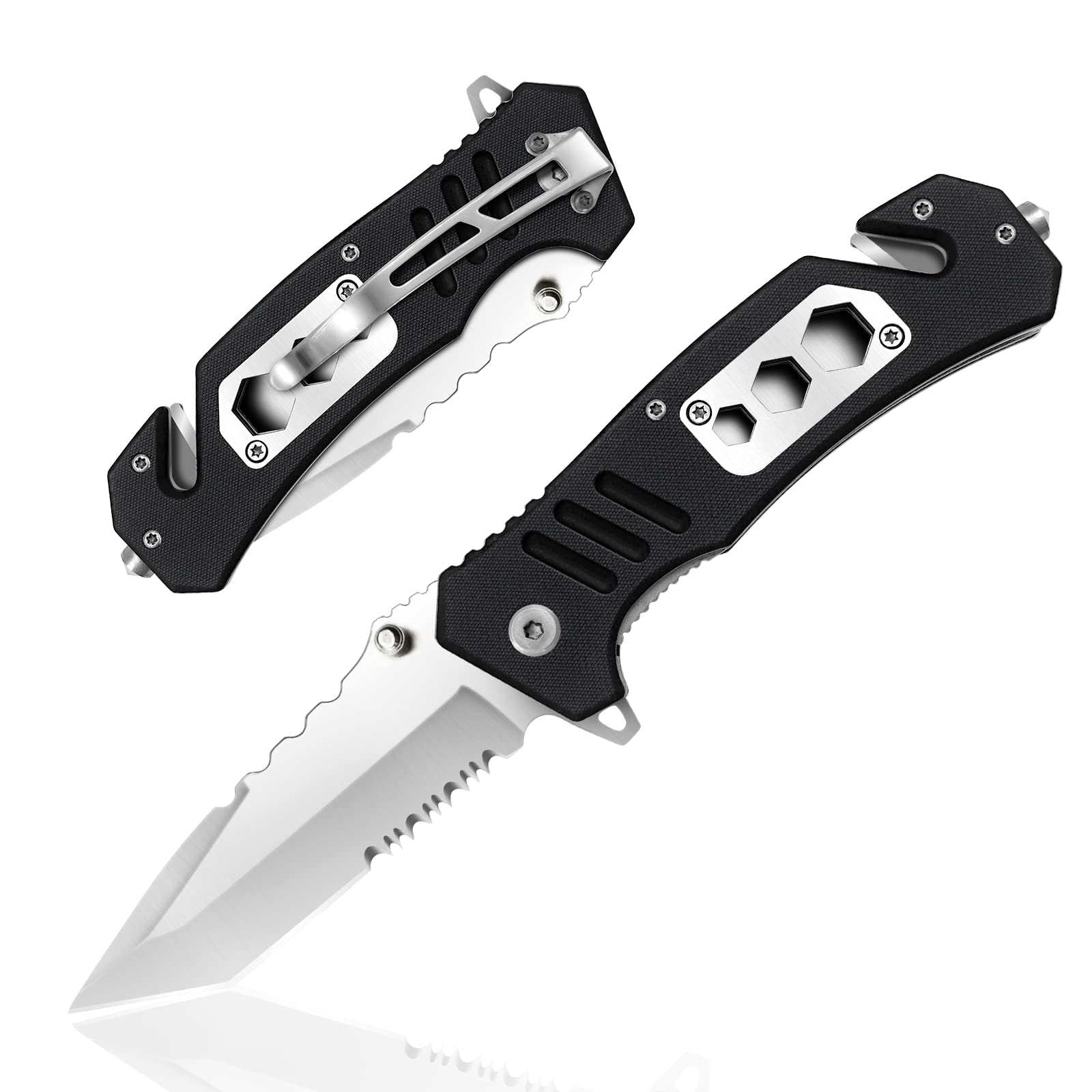 HONZIN 6-in-1 Stainless Steel 3Cr13 Pocket Knife Multitool with Belt Clip, G10 Handle - Portable Folding Survival Knife for Outdoor Camping, Hiking & Emergency Rescue