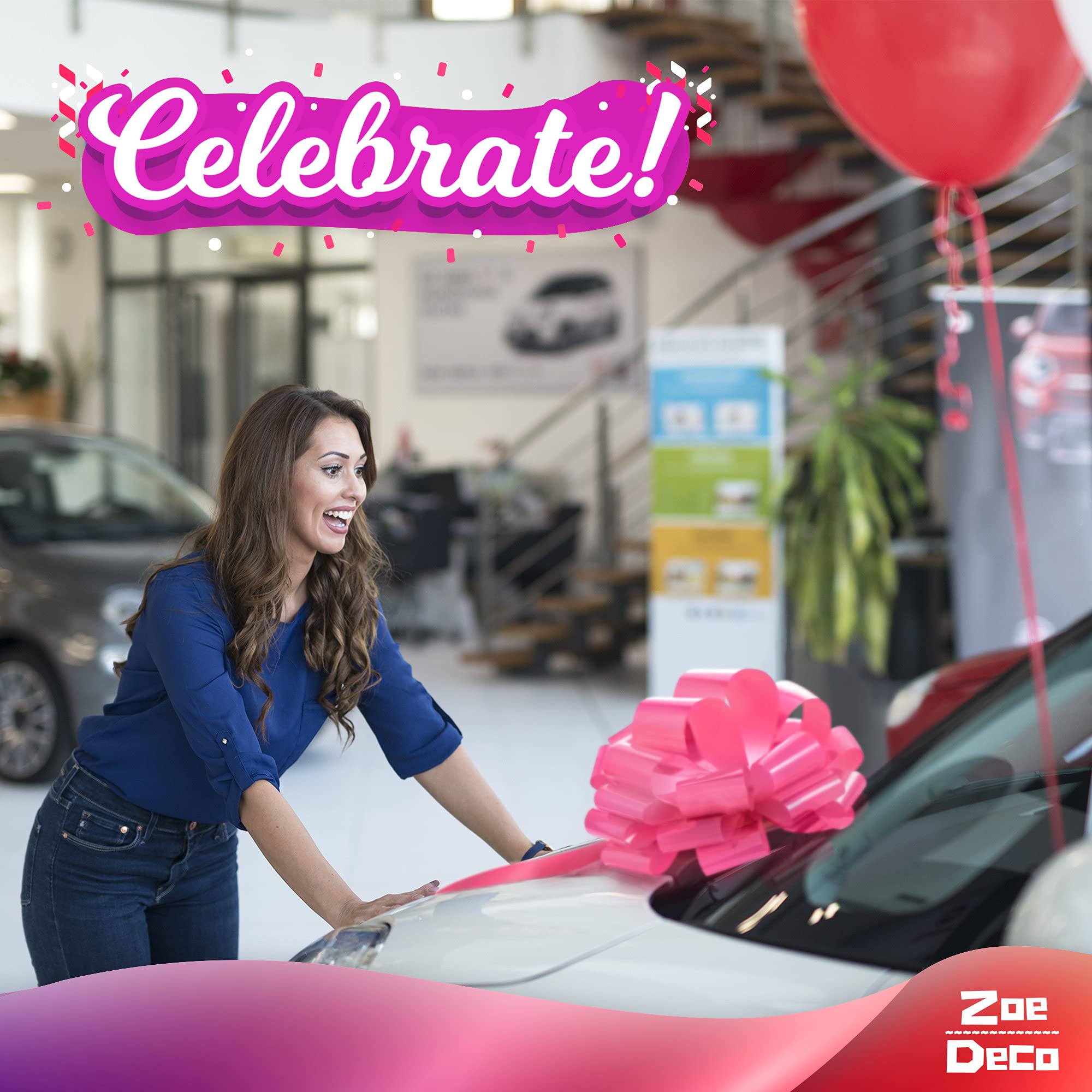 Zoe Deco 23-Inch Pink Round Car Bow - Giant Gift Wrapping Bow for Birthday, Christmas & Special Occasions | Perfect for Car Decor, Present Toppers & Holiday Vehicle Accessories
