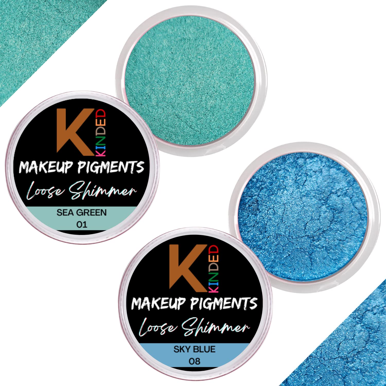 KINDED Loose Shimmer Makeup Foil Pigments - Metallic Glitter Eyeshadow for Women, Smokey Eyes & Face Highlighter, Shiny Dust Powder Pearls (Combo 3gm each, Sea Green & Sky Blue) - Perfect for Party Makeup, Festival Looks & Special Occasions