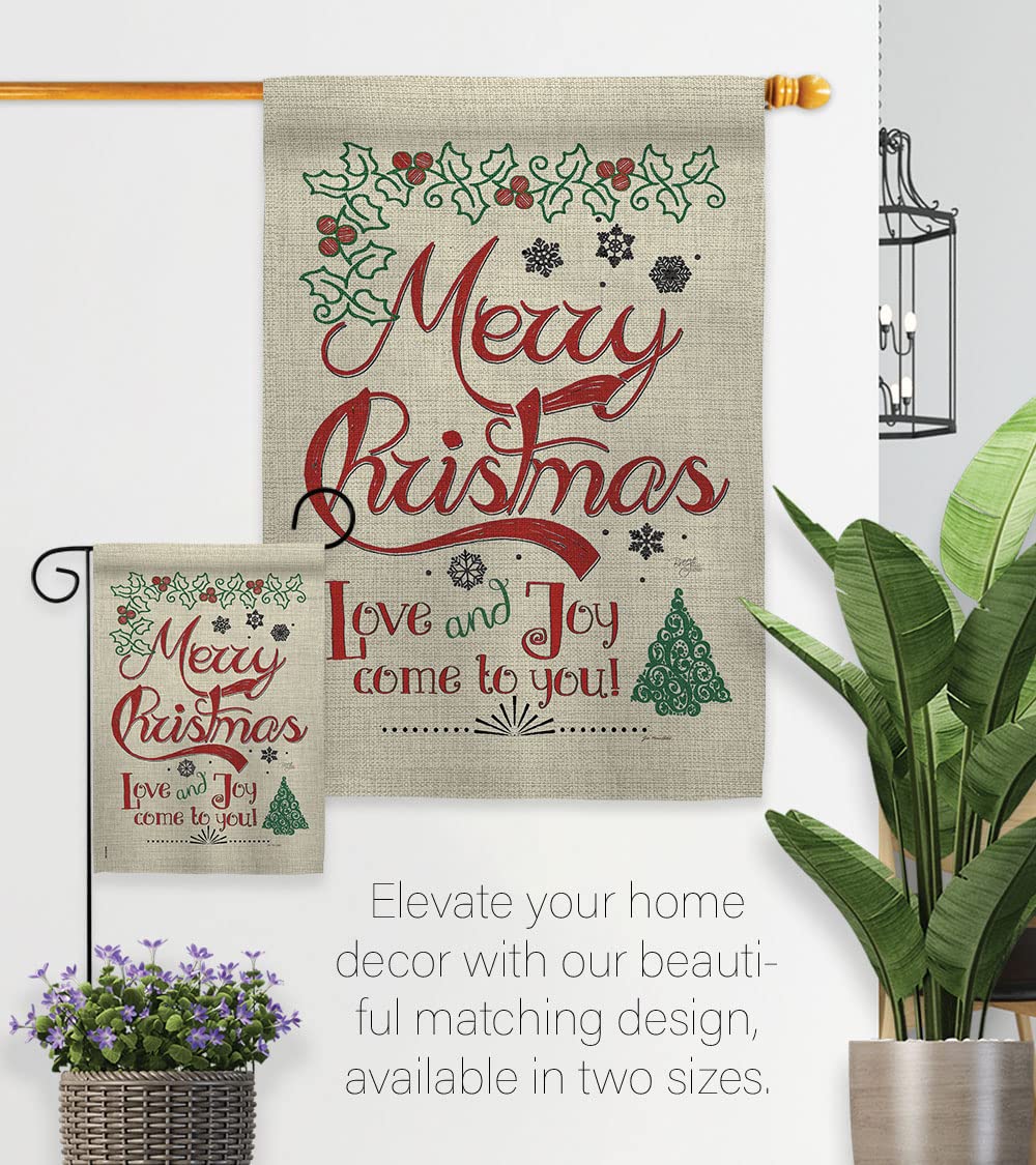 Christmas Decorative Flag Set w/Flagpole - Love & Joy Linen Winter Kit for Home & Garden Decor