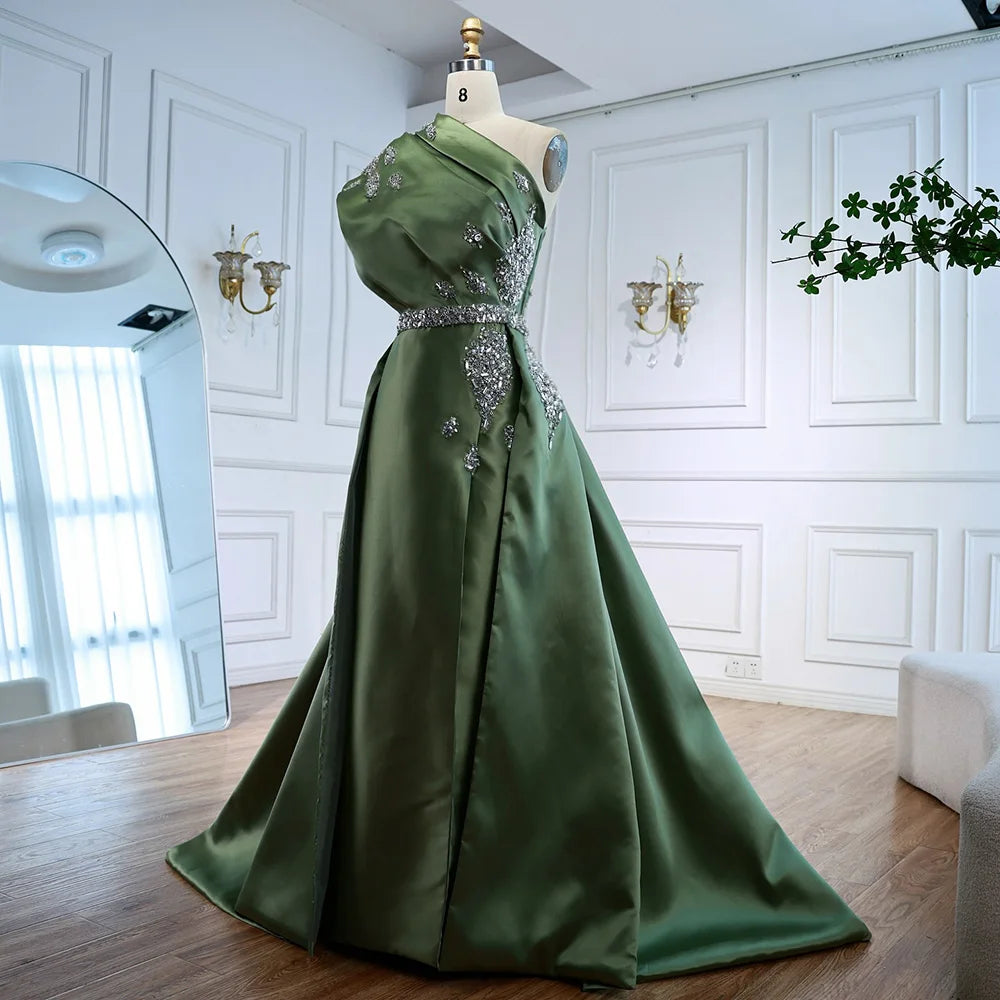 Elegant Dark Green Satin Beaded One Shoulder Evening Gown LA72845 - Perfect for Prom, Cocktail Parties & Formal Events