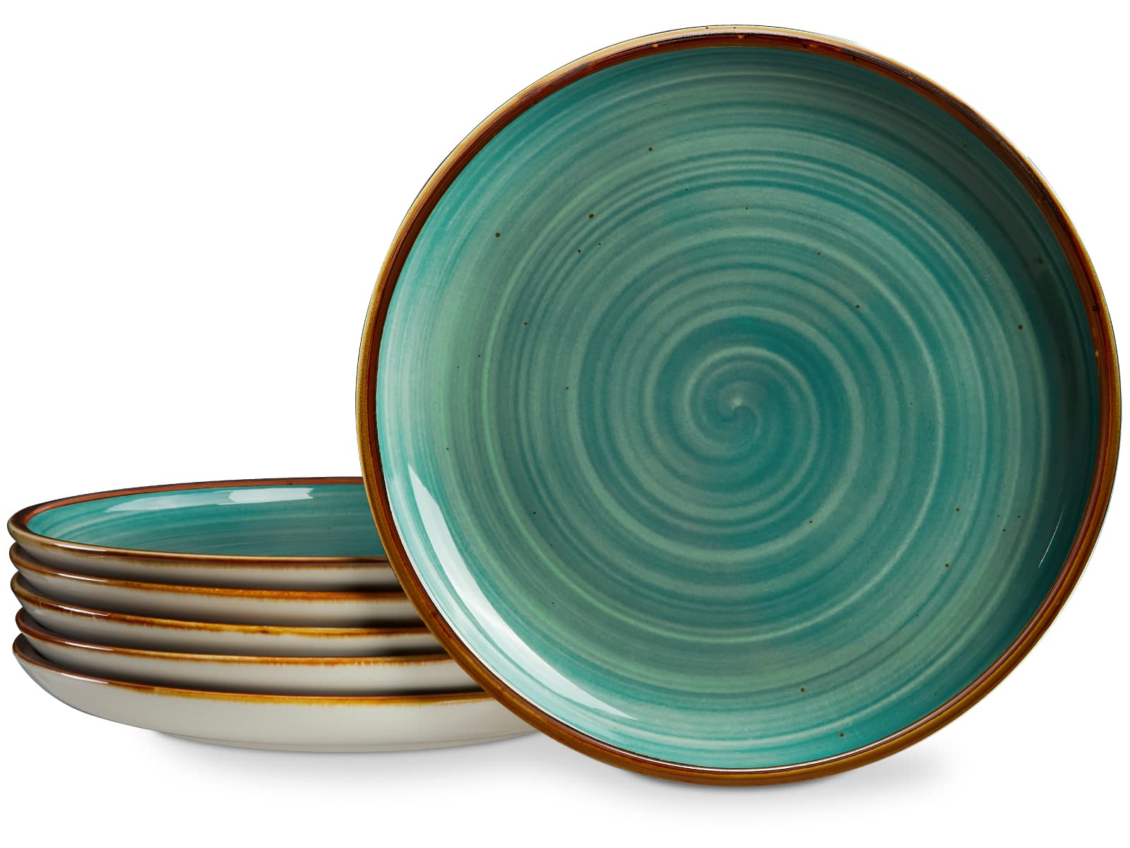ONEMORE 6-Piece Ceramic Dinner Plates Set - 8.5 Inch Stoneware Appetizer, Salad & Dessert Plates - Oven, Microwave & Dishwasher Safe - Stackable Rustic Kitchen Porcelain Dishes in Teal - Perfect for Family Dinners, Parties & Restaurant Use