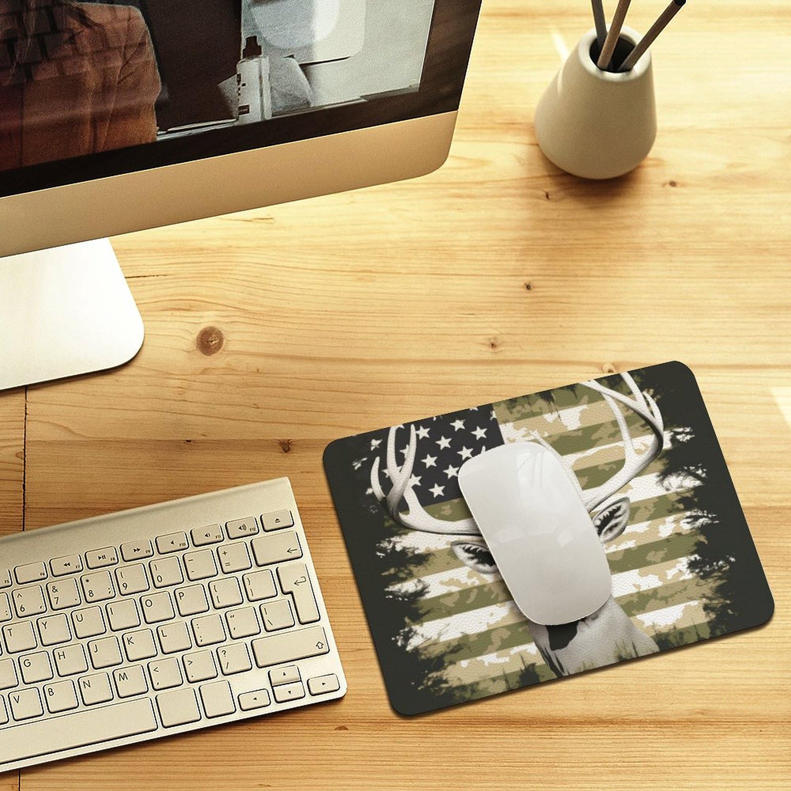 Camouflage Deer Hunting Leather Mouse Pad - Non-Slip Small Black 8x10 Inch Computer Mouse Mat for Gaming & Office Work
