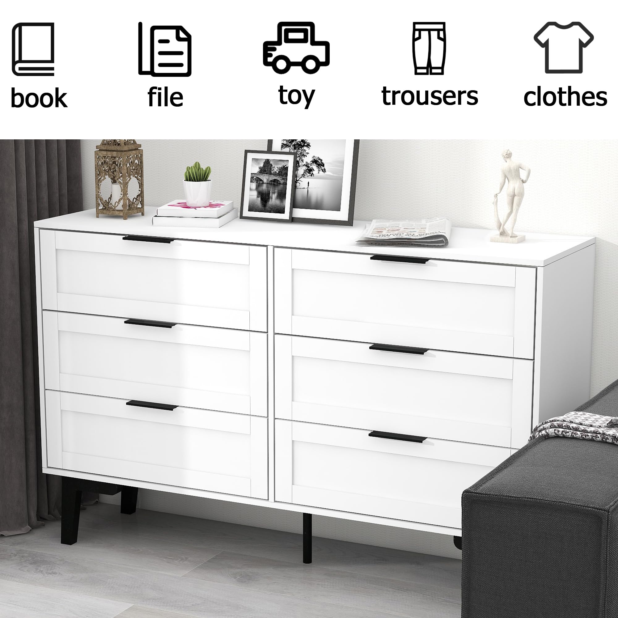 Modern 6-Drawer White Wooden Dresser for Bedroom & Nursery - Kids Horizontal Chest of Drawers for Living Room & Home Organization | Perfect for Storage, Clothes, Toys & Bedroom Decor