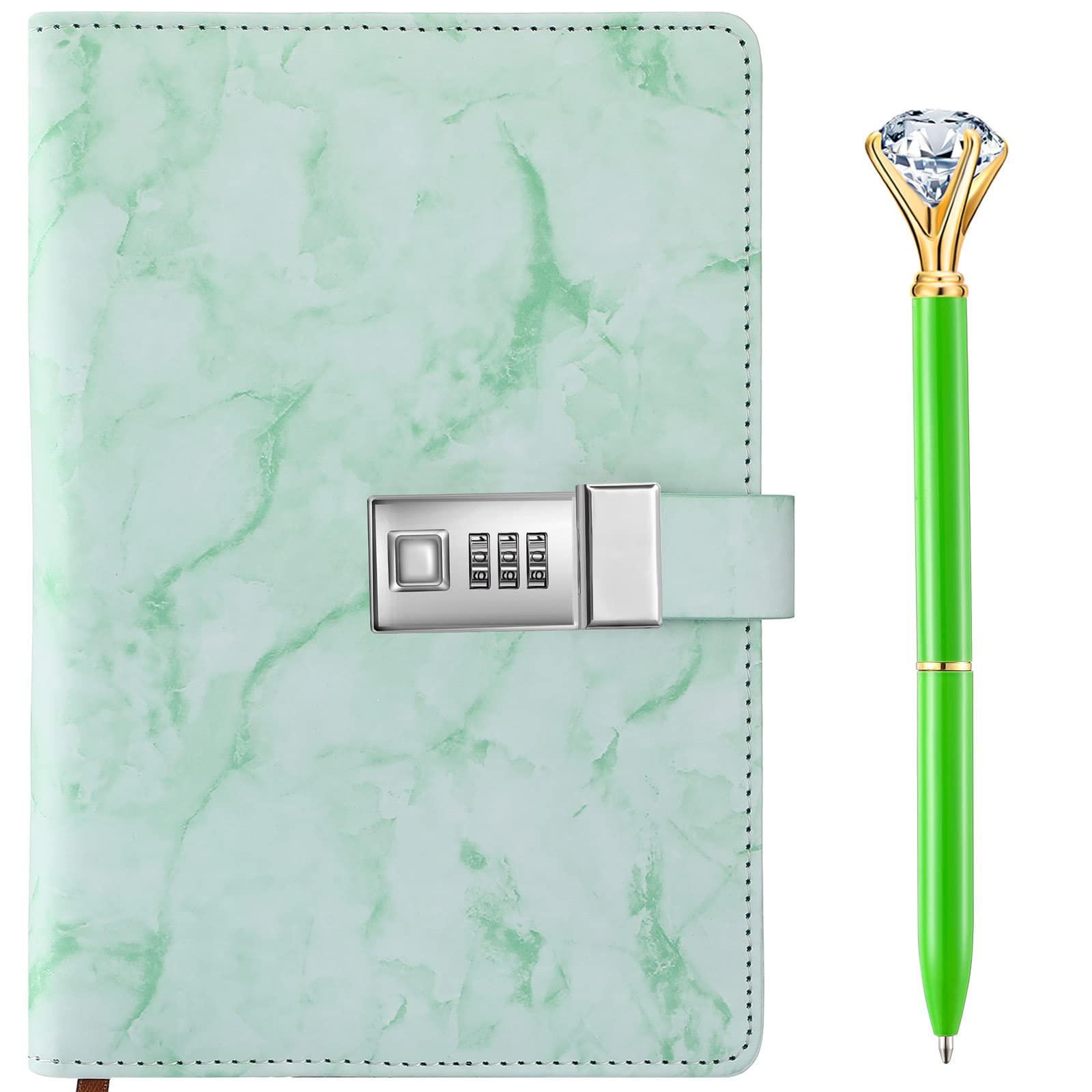 Lockable A5 Leather Journal with Diamond Pen - Zonon Marble PU Leather Diary with Combination Lock for Personal Writing, Secret Notes & Gift Giving (Green, 1 Piece) | Perfect for Teens, Students & Creative Writing