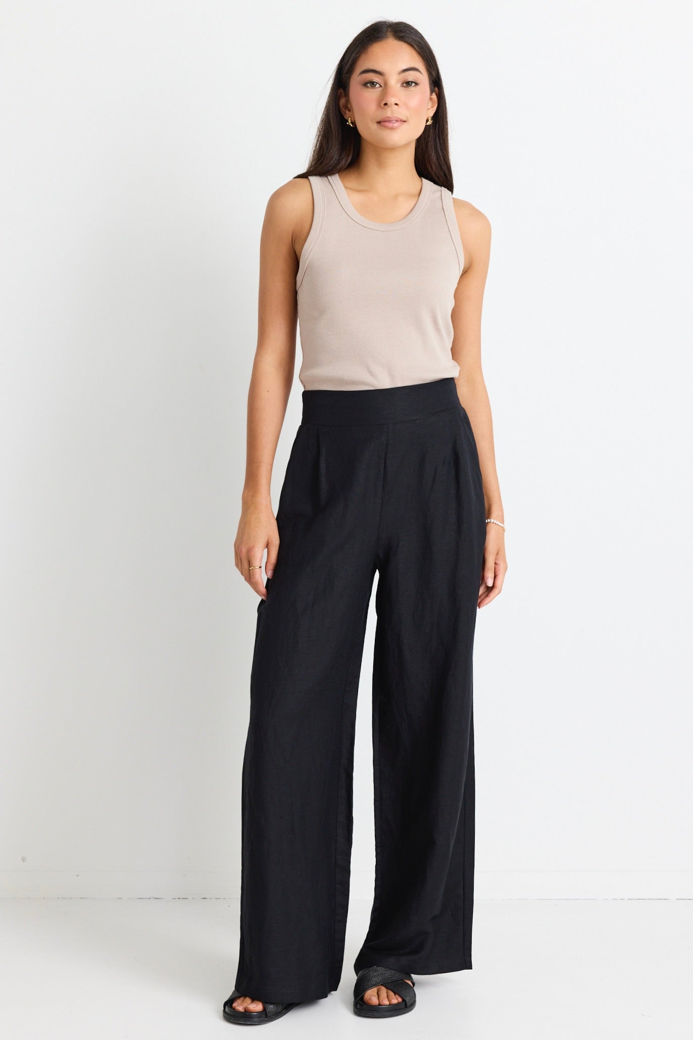 Guardian Black Linen Viscose Elastic Waist Pants for Women - Comfortable Stretch Pull-On Trousers for Work, Travel & Casual Wear
