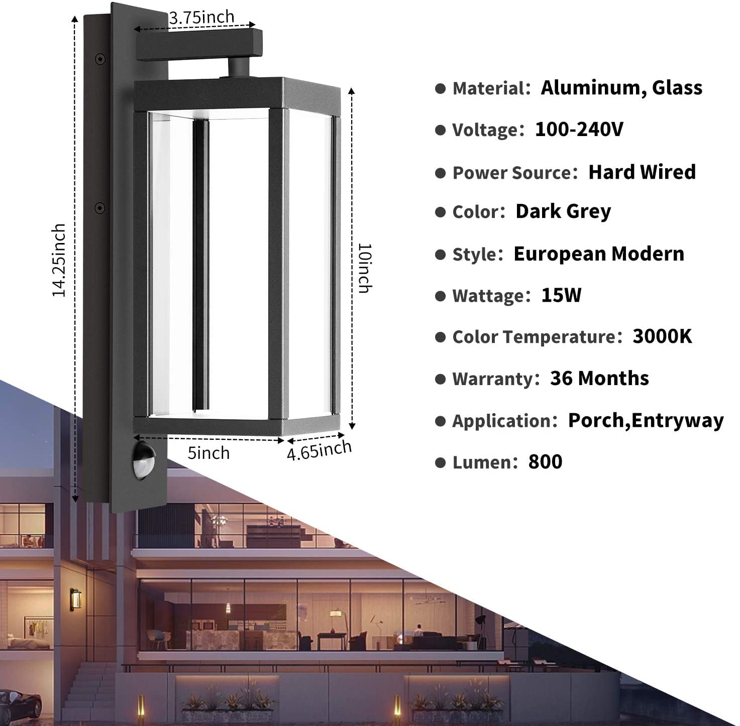 2-Pack Outdoor Wall Sconce with PIR Motion Sensor - IP54 Waterproof LED Wall Light Fixture, 13W 750Lm 3000K Warm White - Modern Grey Exterior Lantern for Porch, Entryway, Garage & Garden Security Lighting