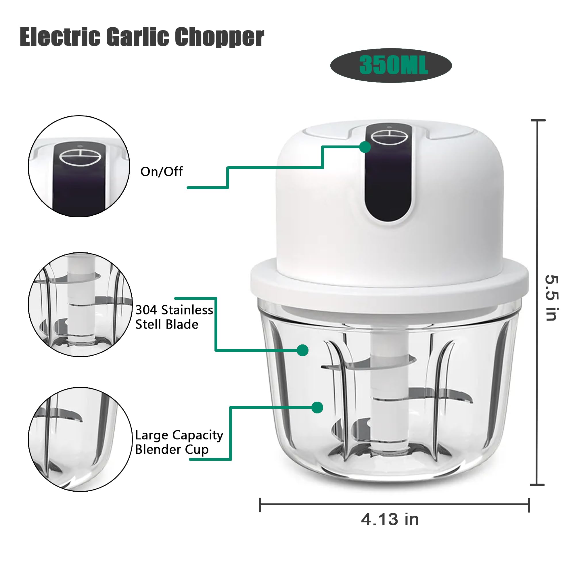 350ML Electric Garlic Chopper & Vegetable Chopper - Cordless Food Processor for Ginger, Onion, Chili, Fruit, Meat, Spices - Portable Blender for Kitchen, Camping & Meal Prep (BPA-Free)