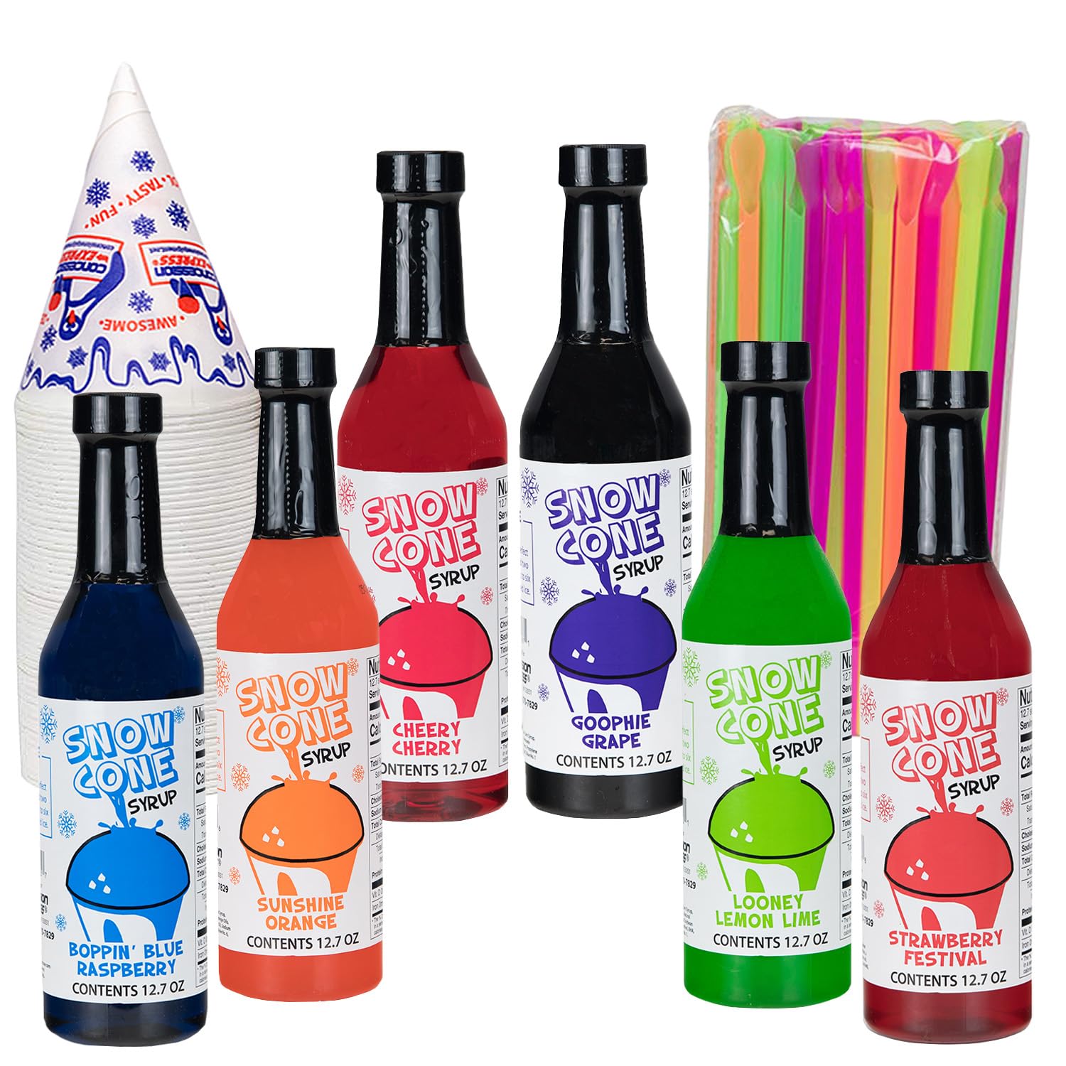 12.7oz Snow Cone Syrups (6 Pack) with Cups & Straws - Refreshing Summer Treat for Kids, Parties, Carnivals & Outdoor Events