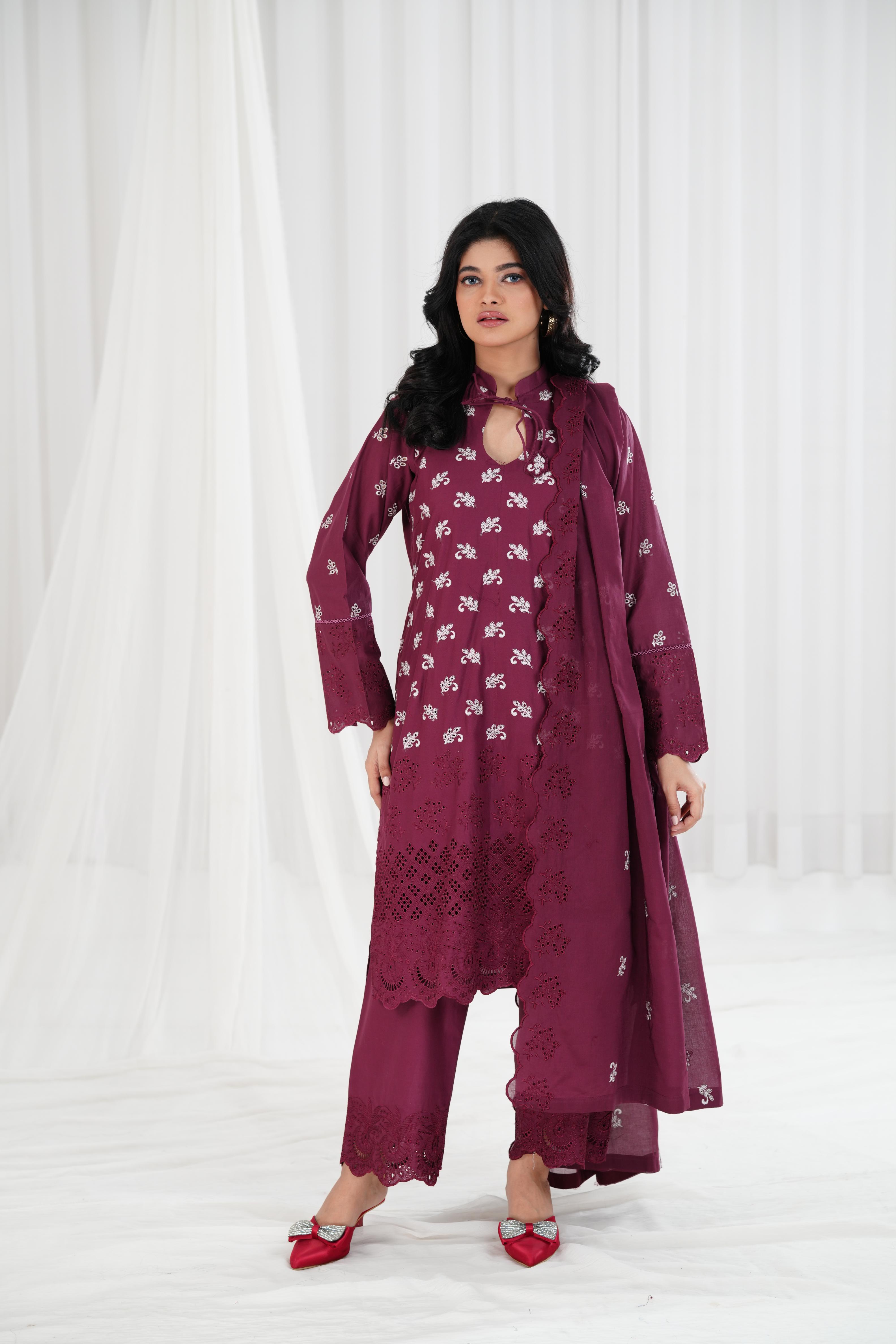 Celestial Berry Cross Stitch Chikankari Embroidered Cotton Dress - Elegant Handmade Indian Kurti for Women | Perfect for Festivals, Weddings & Boho Fashion