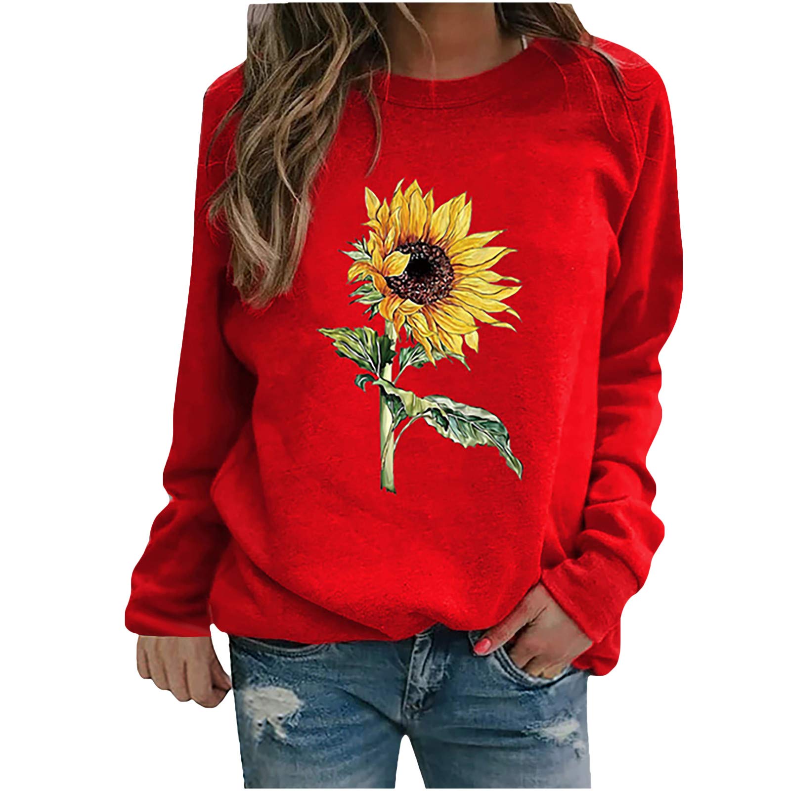 Women's Casual Sunflower Print Crewneck Sweatshirt - Long Sleeve Graphic Pullover Blouse for Everyday Wear | Perfect for Fall Outfits, Coffee Dates & Weekend Errands