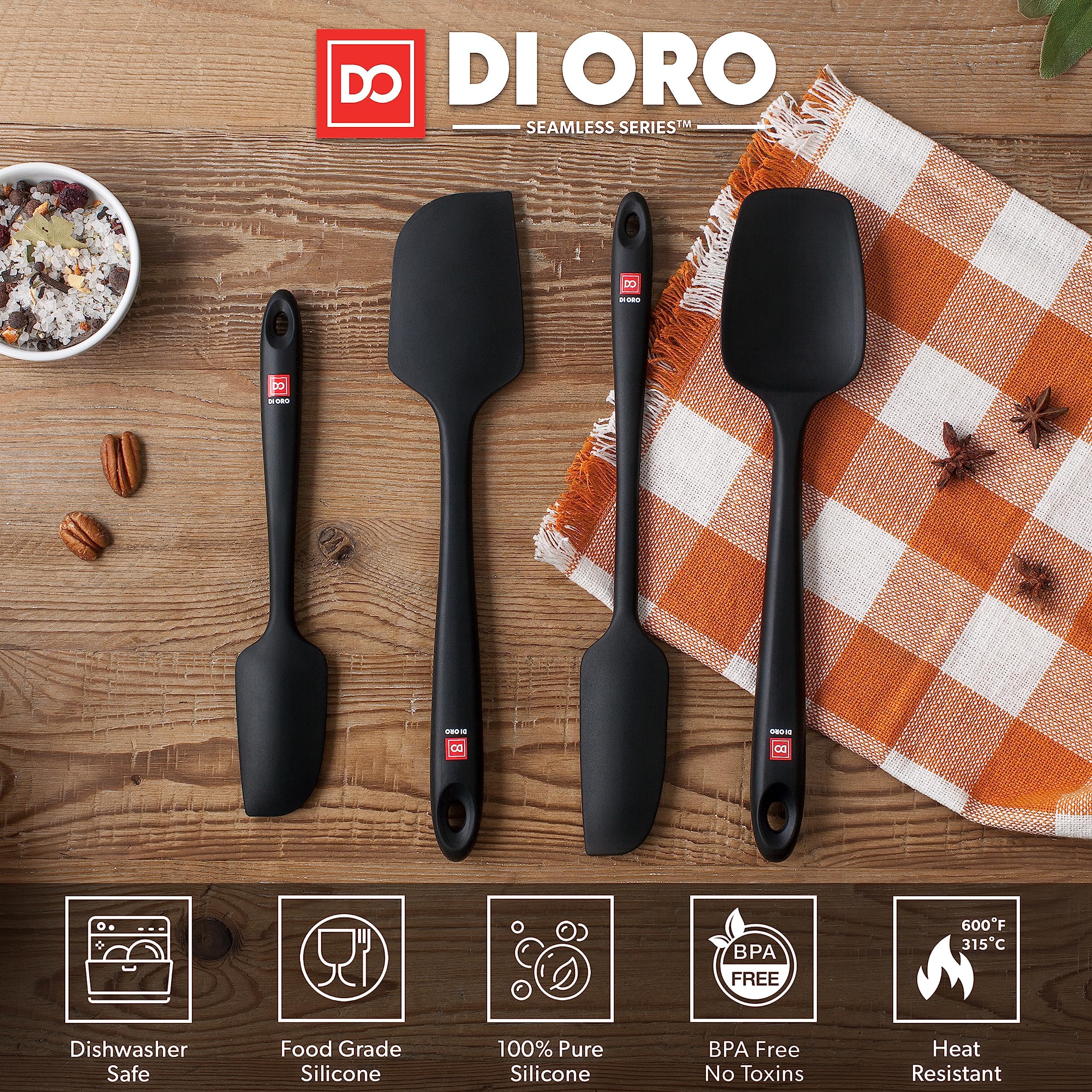 DI ORO Premium Silicone Spatula Set - 4-Piece Heat-Resistant Rubber Kitchen Spatulas for Baking, Cooking & Mixing - BPA-Free Nonstick Scraper Spatulas for Pans & Cookware (600°F Safe, Dishwasher Safe, Black) - Perfect for Cake Decorating, Cookie Dough Mixing & Everyday Cooking