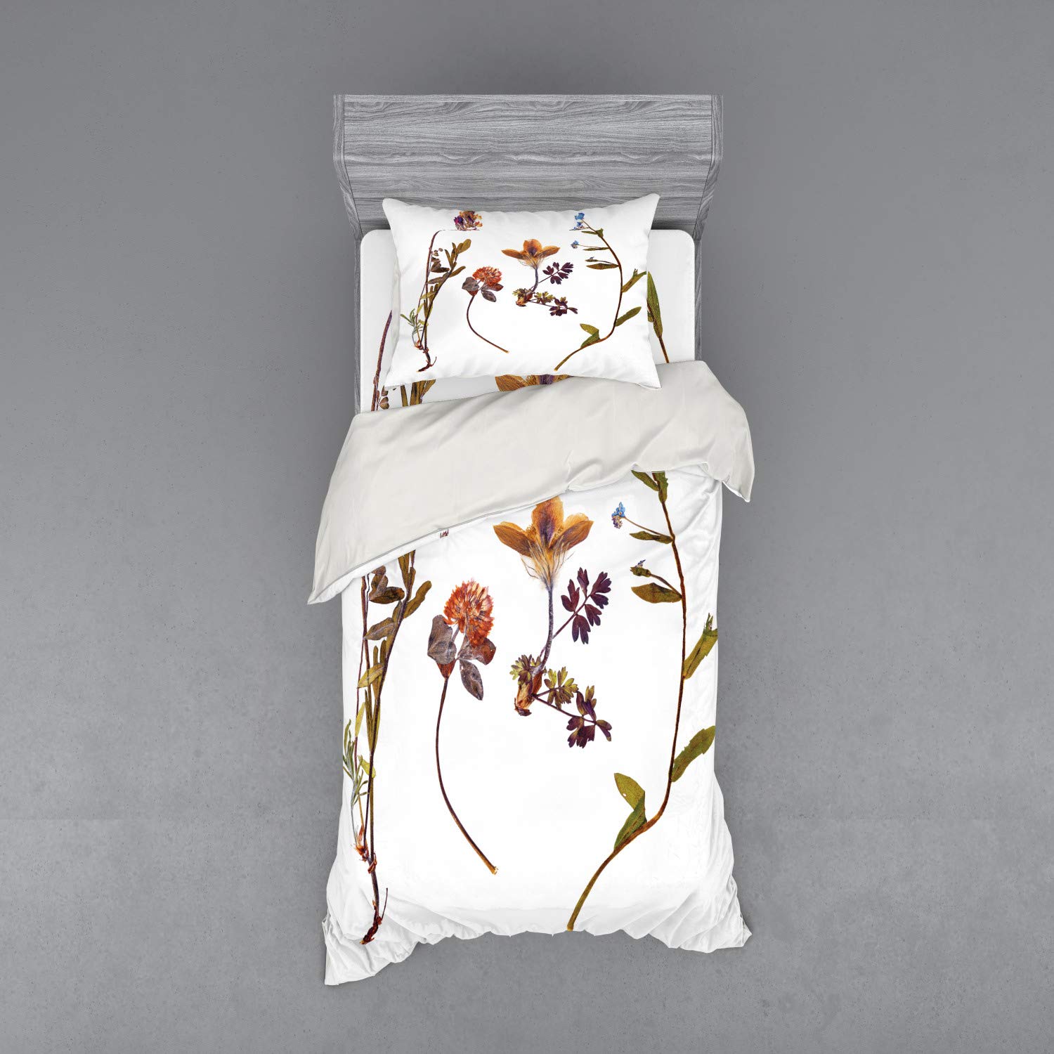 Ambesonne Floral Bedding Set - 3 Piece Duvet Cover with Sham & Fitted Sheet, Twin XL Size, Book Dried Flowers Design (Lilacs, Daisies, Tulips Leaves) - Perfect for Spring Bedroom Decor, Guest Room Makeover & Boho Chic Home Styling