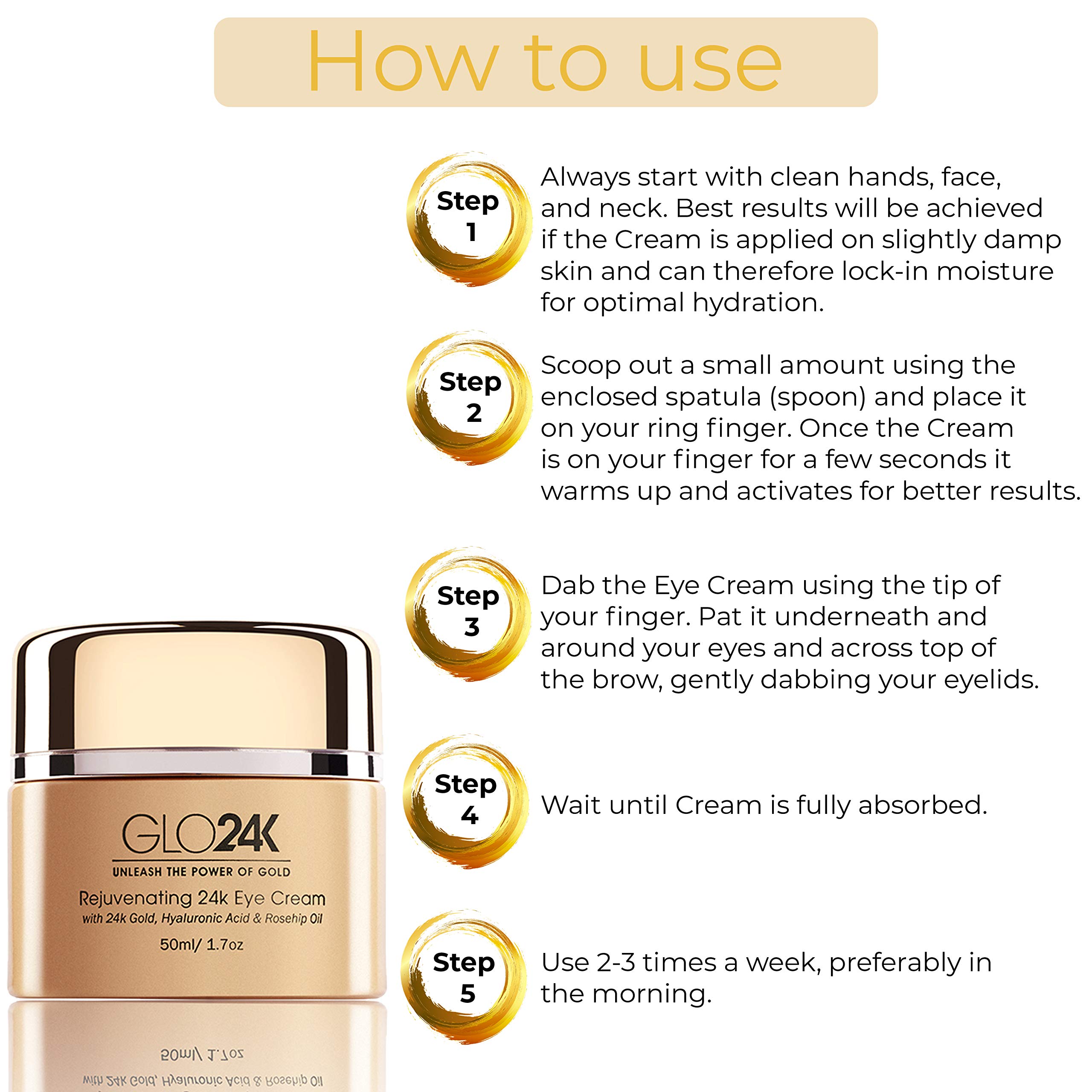 GLO24K Rejuvenating 24K Gold Eye Cream & Serum with Hyaluronic Acid, Vitamins A, C, E - Anti-Aging Treatment for Dark Circles, Wrinkles & Puffiness - Perfect for Night & Day Skincare Routine