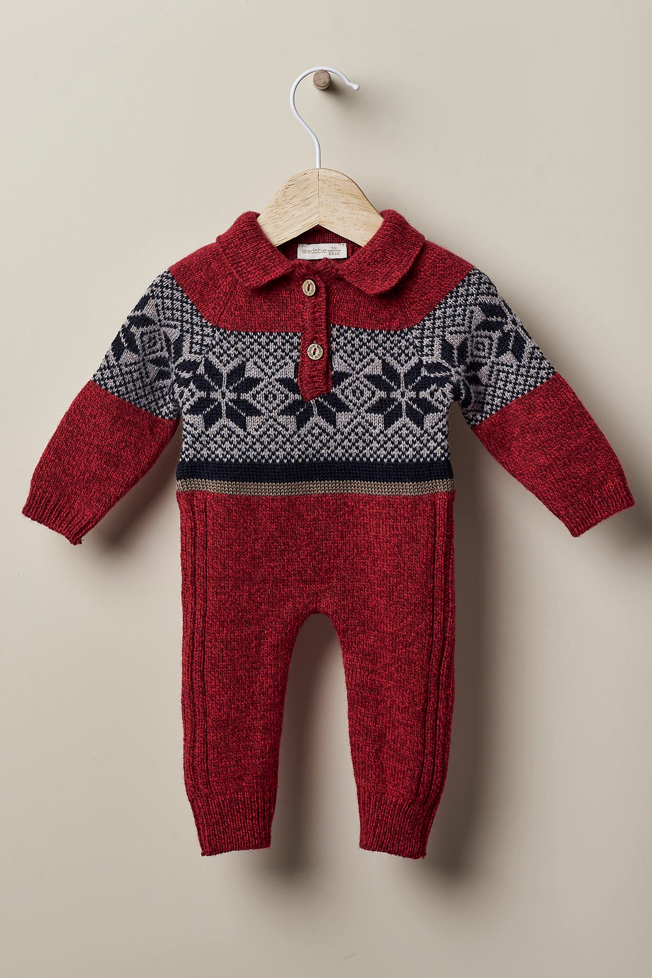 Rodrigo Burgundy Fair Isle Knit Romper for Women - Cozy Winter Jumpsuit with Nordic Pattern - Perfect for Christmas Parties & Holiday Gatherings