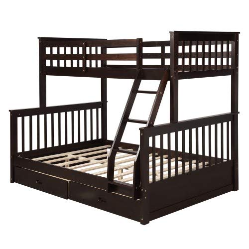 Twin Over Full Bunk Bed with Removable Ladder & 2 Storage Drawers - Solid Wood Loft Bed for Kids & Teens (Espresso) - Perfect for Small Bedrooms, Guest Rooms & Vacation Homes