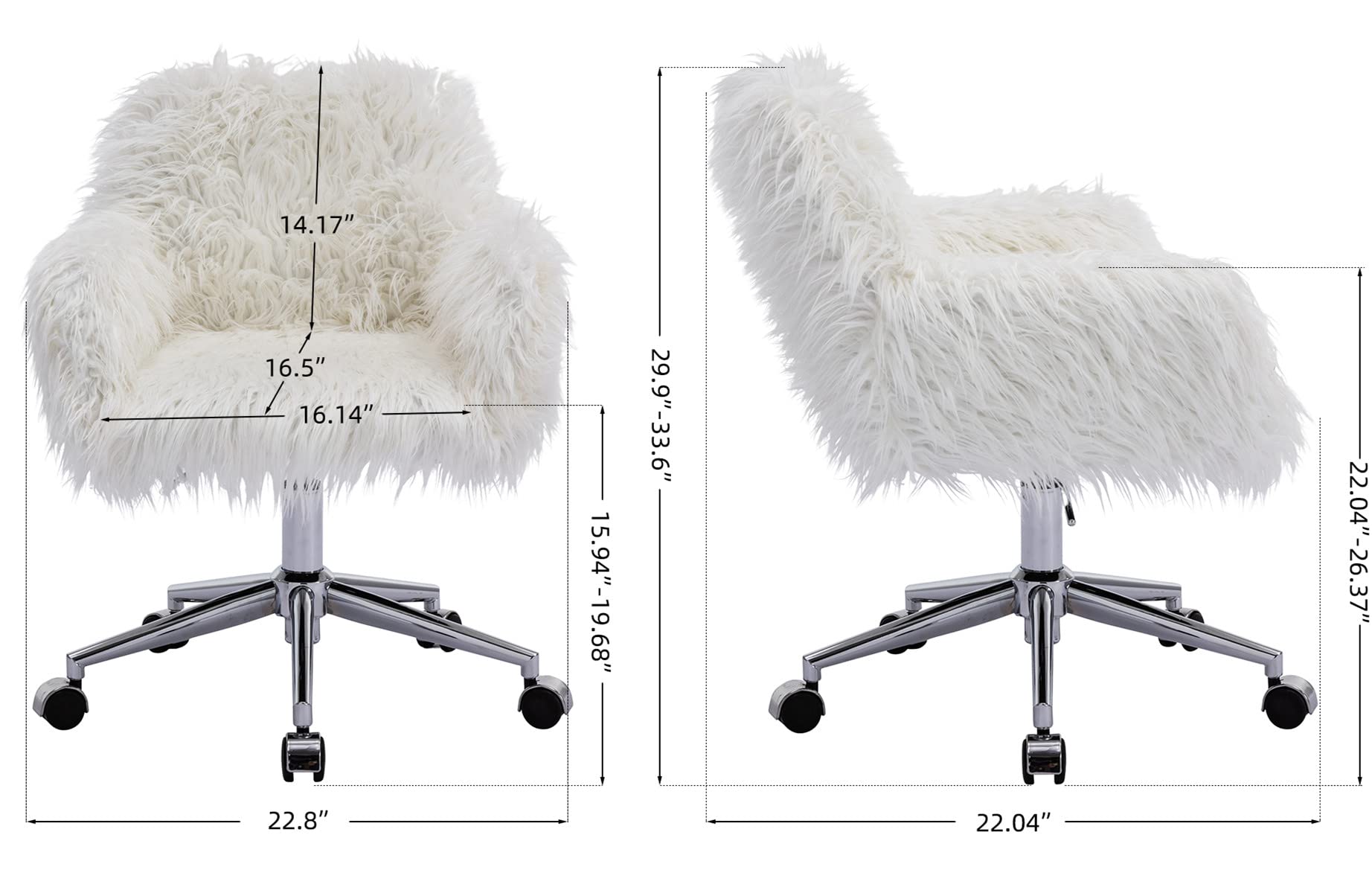 White Faux Fur Swivel Desk Chair with Wheels & Adjustable Height - Cute Vanity Chair for Home Office, Gaming, Study & Makeup Station - Chrome Base Accent Chair