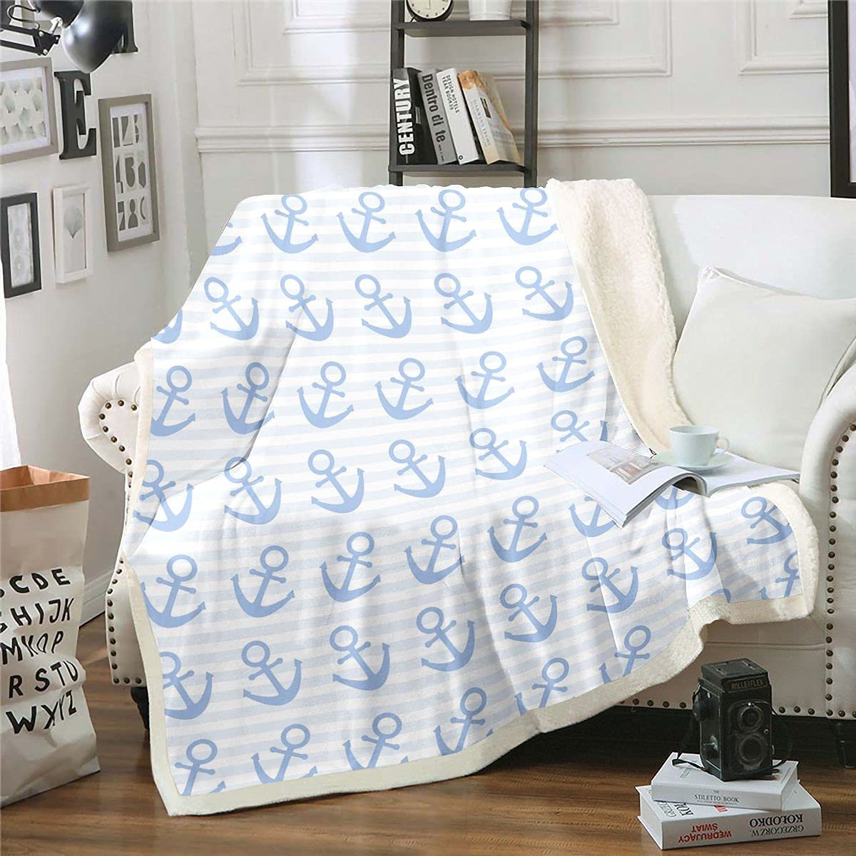 Anchor Sherpa Fleece Throw Blanket - Nautical Ocean Themed Soft Fuzzy Blanket with Geometric Stripe in Blue & White - 90x90 Inches Queen Size for Sofa, Bed, Couch - Perfect for Cozy Nights, Coastal Decor, and Sea Adventure Themed Rooms