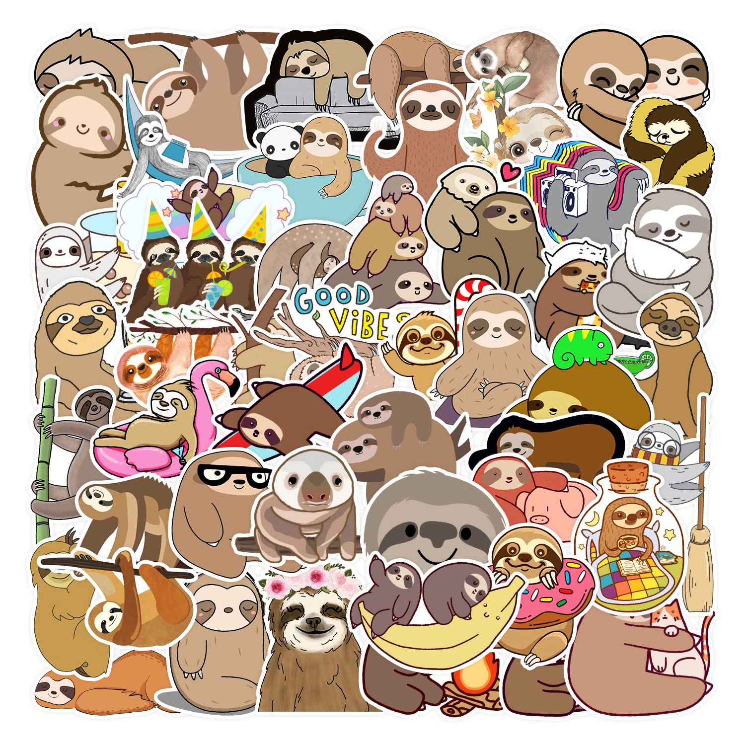 50 PCS Cute Sloth Vinyl Waterproof Stickers - Durable Animal Decals for Water Bottles, Skateboards, Laptops & Travel Cases - Perfect for Adults, Teens & Kids - Great for School, Office & DIY Projects