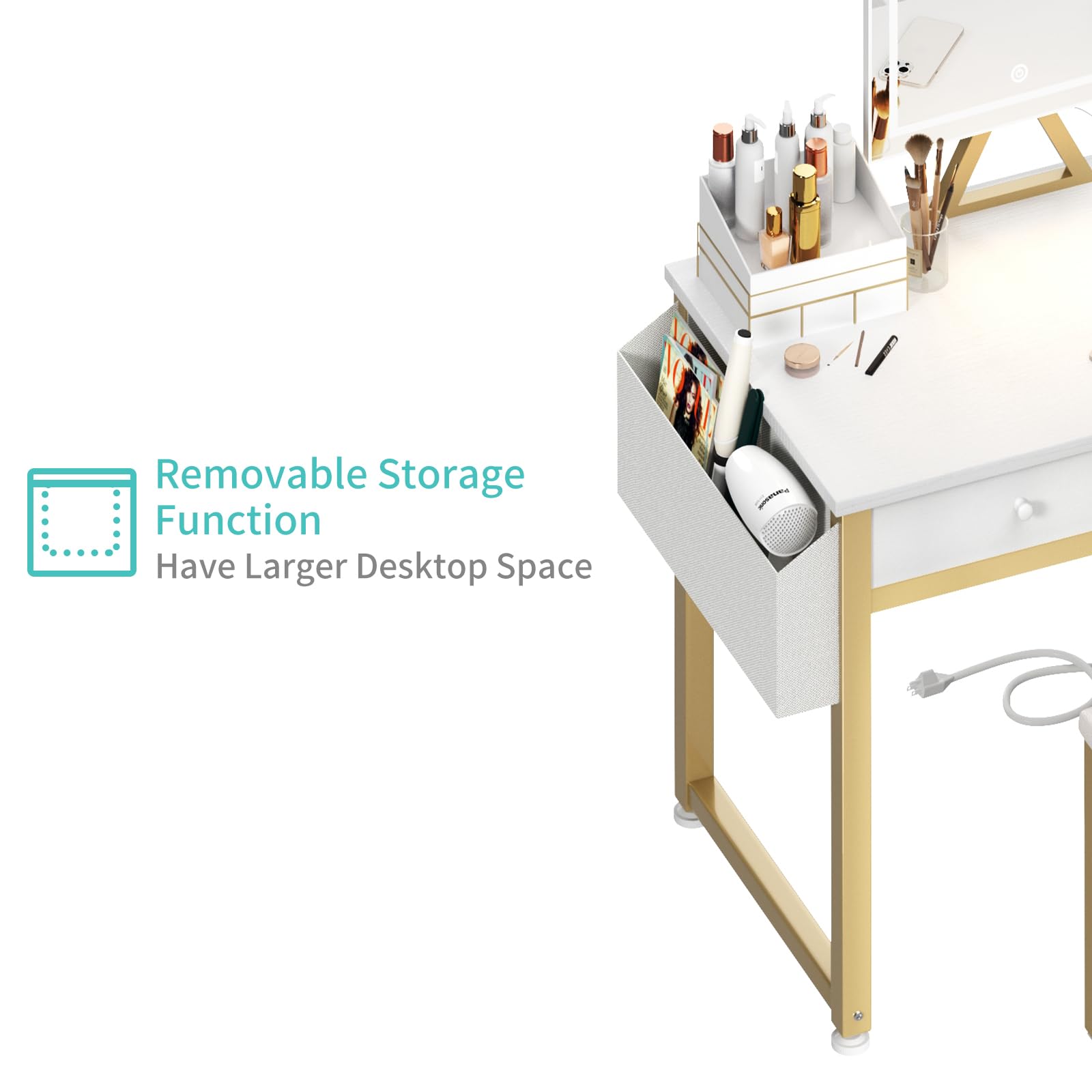 Lufeiya 32 Inch White Vanity Desk with Mirror, Lights & Fabric Drawers - Dressing Table & Chair Set with Power Outlet for Girls Bedroom (White Gold) | Perfect for Makeup, Skincare & Hair Styling