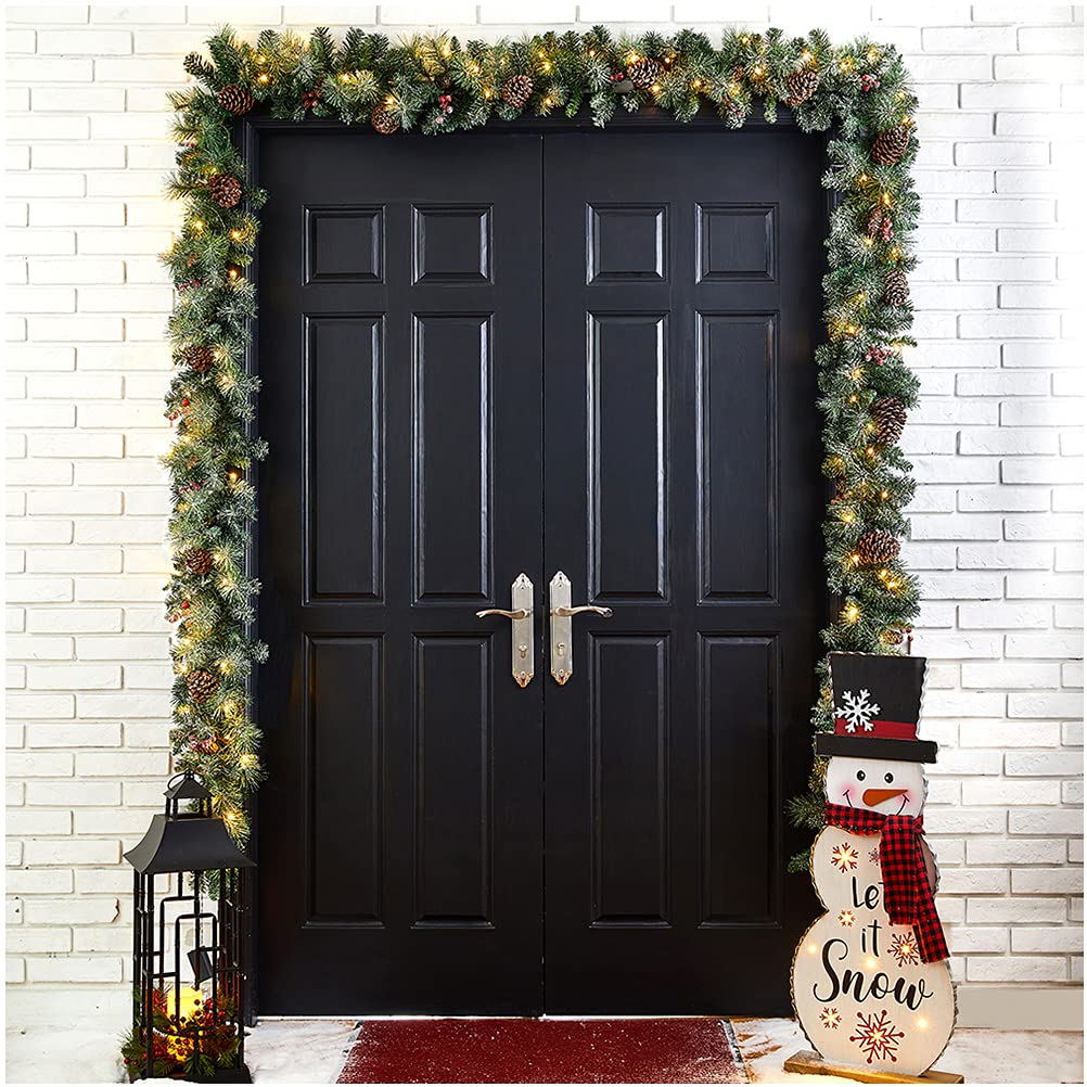 Glitzhome 2-Pack 9ft Pre-Lit Artificial Christmas Garland with Glittered Pine Cones, Berries & Mixed Decorations - Warm White LED Lights for Holiday Home Decor, Mantel, Staircase & Doorway