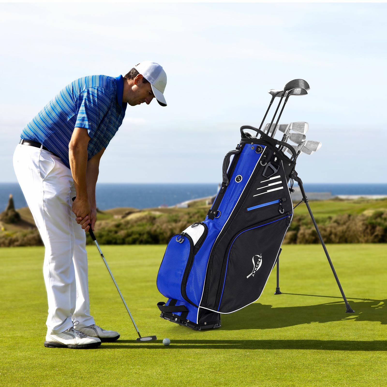 14-Way Top Divider Golf Stand Bag with Dual Strap - Waterproof Men's Golf Bag with 8 Pockets & Cooler Pouch - Includes Rain Hood - Perfect for Golf Tournaments & Weekend Golfing