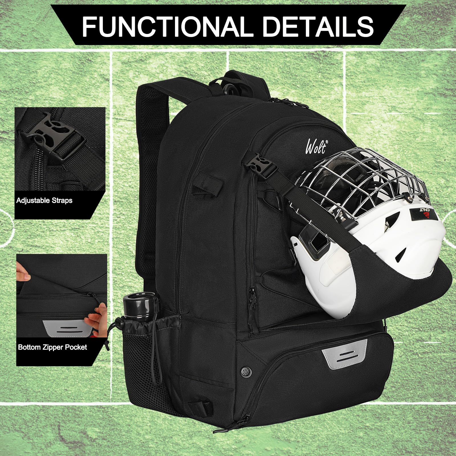 WOLT Lacrosse Backpack with Two Stick Holders - Large Durable Sports Bag for Lacrosse, Field Hockey & All Athletic Gear - Perfect for Games, Practice & Travel