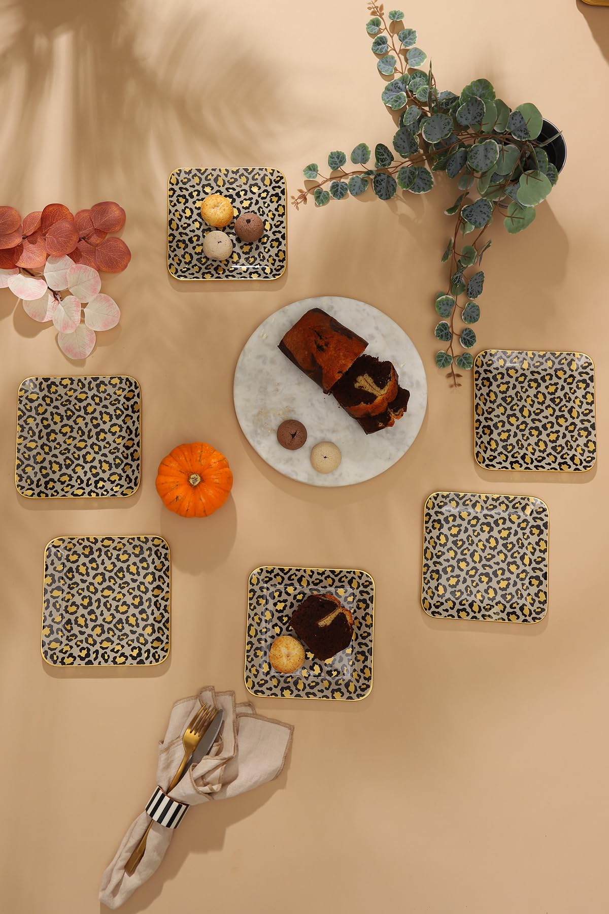 7.8 Inch Square Glass Plate Set of 6 - Elegant Salad, Dessert & Appetizer Plates for Home, Party & Restaurant Use - Durable Leopard Print Small Plates Perfect for Snacks, Meals & Entertaining