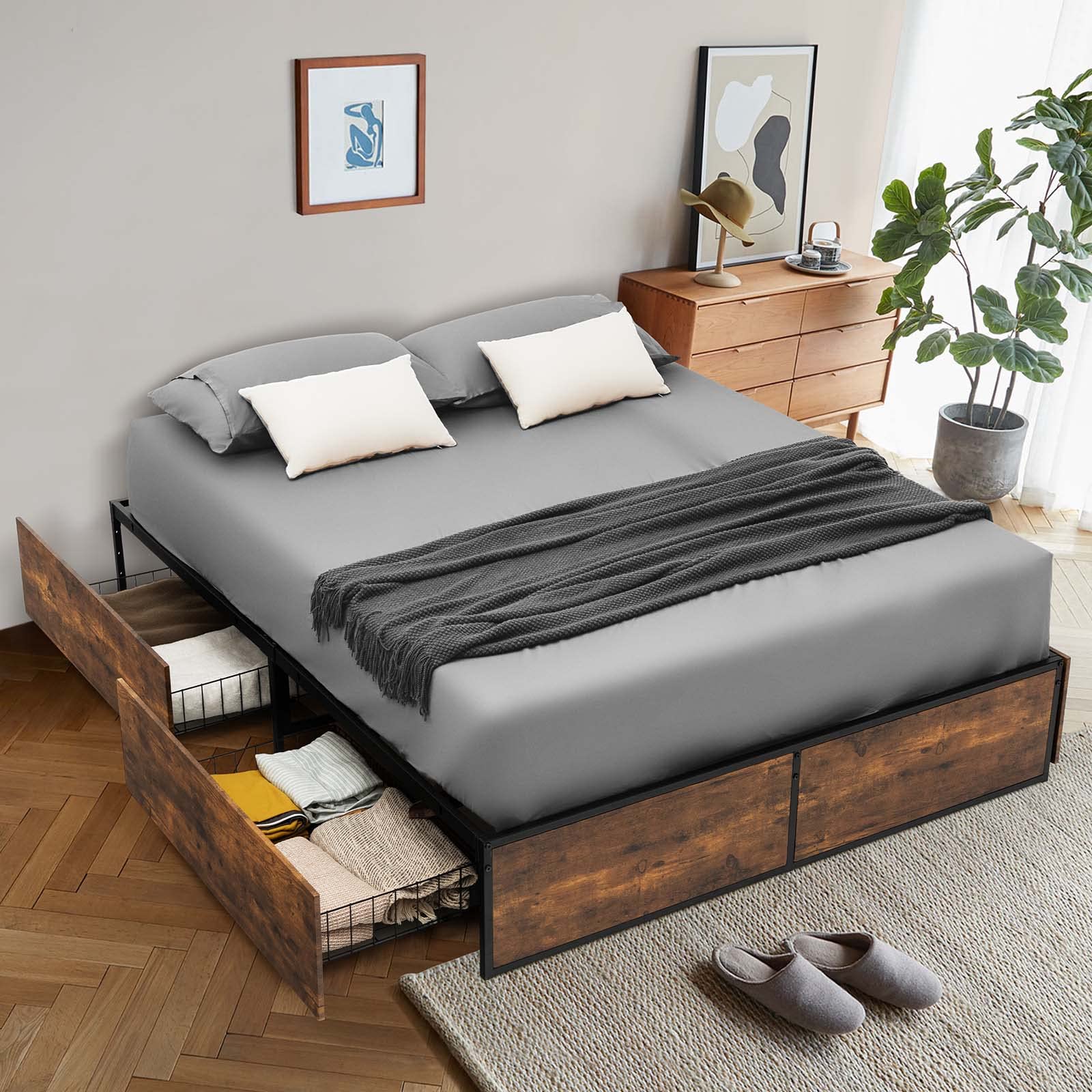 Giantex Full Size Metal Bed Frame with 4 Storage Drawers, Wooden Footboard & Headboard Holes - Heavy Duty Platform Bed Base, No Box Spring Needed, Easy Assembly, Rustic Brown - Perfect for Small Bedrooms, Guest Rooms & Dormitories