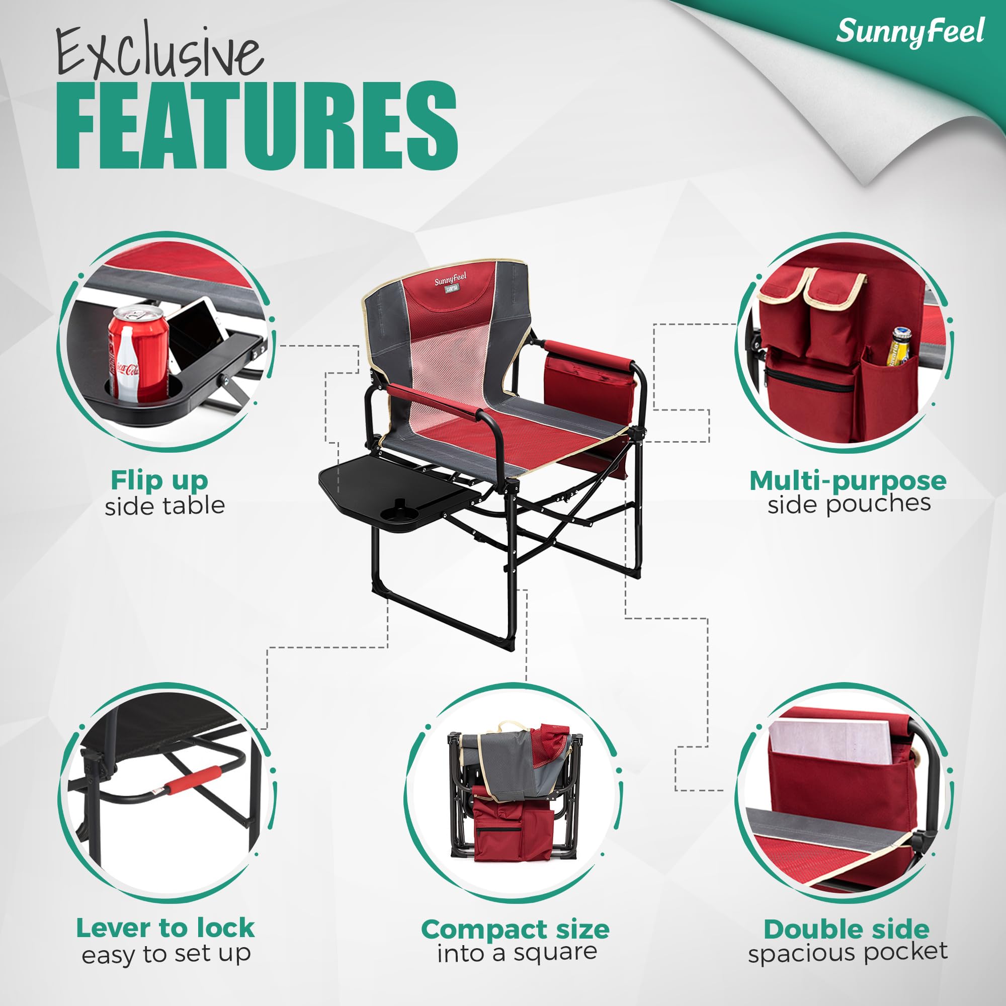 **SUNNYFEEL Oversized Heavy Duty Folding Camping Chair with Side Table & Pocket – Portable Outdoor Chair for Beach, Fishing, Picnic, Concert, Tailgating – Perfect for Camping, Backyard, and Patio Relaxation**