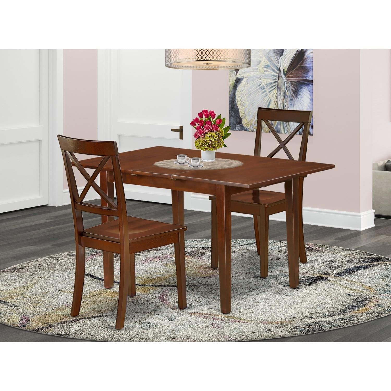 East West Furniture 3 Piece Kitchen Table & Chairs Set with Butterfly Leaf - 32x60 Inch Rectangle Dining Table & 2 Chairs, Mahogany - Perfect for Small Spaces, Breakfast Nooks & Cozy Dining Rooms