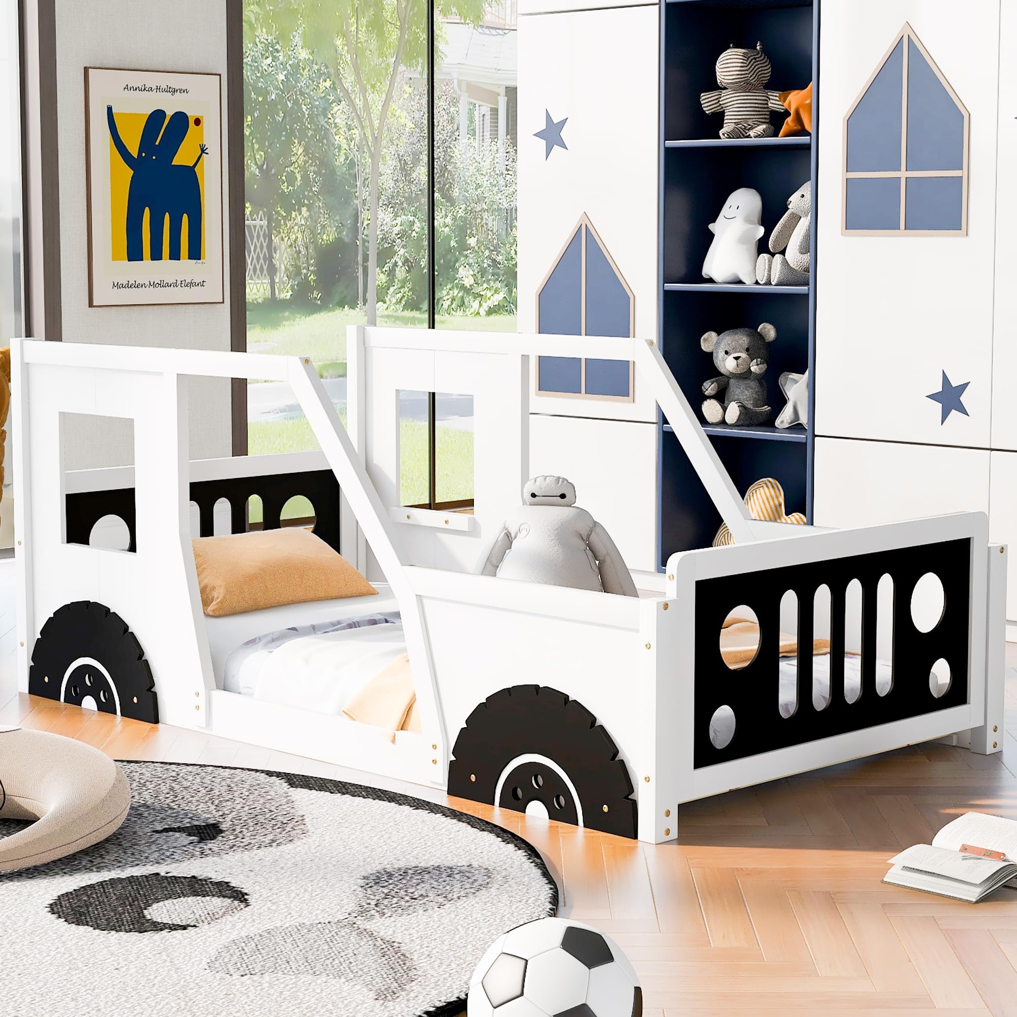 Twin Size Wooden Race Car Bed Frame with Headboard & Footboard - 4 Safety Side Rails - Kids Floor Bed for Boys & Girls - Perfect for Bedrooms, Playrooms & Sleepovers (White)